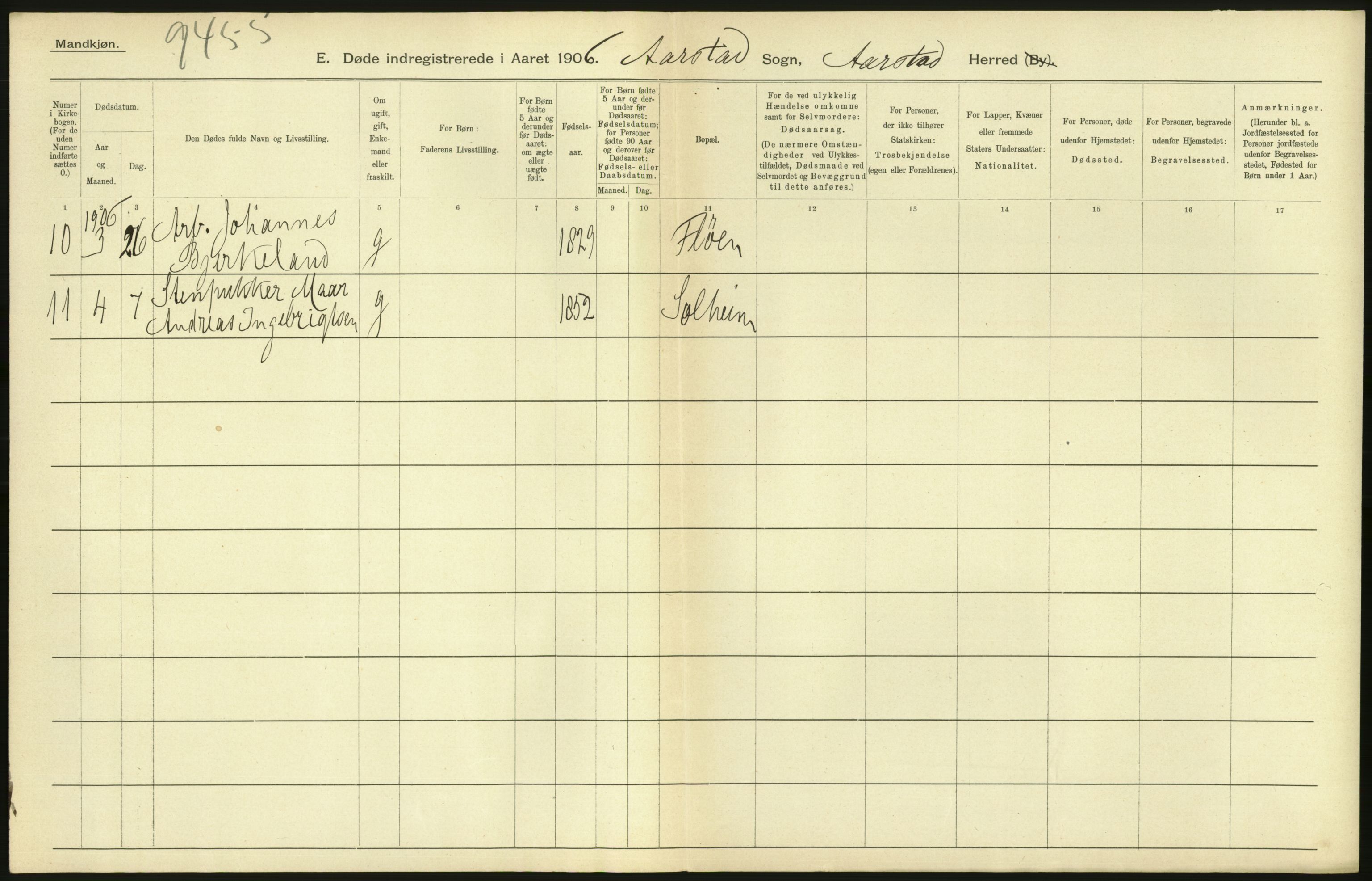 Statistisk sentralbyrå, Sosiodemografiske emner, Befolkning, AV/RA-S-2228/D/Df/Dfa/Dfad/L0030: S. Bergenhus amt: Døde. Bygder., 1906, p. 146