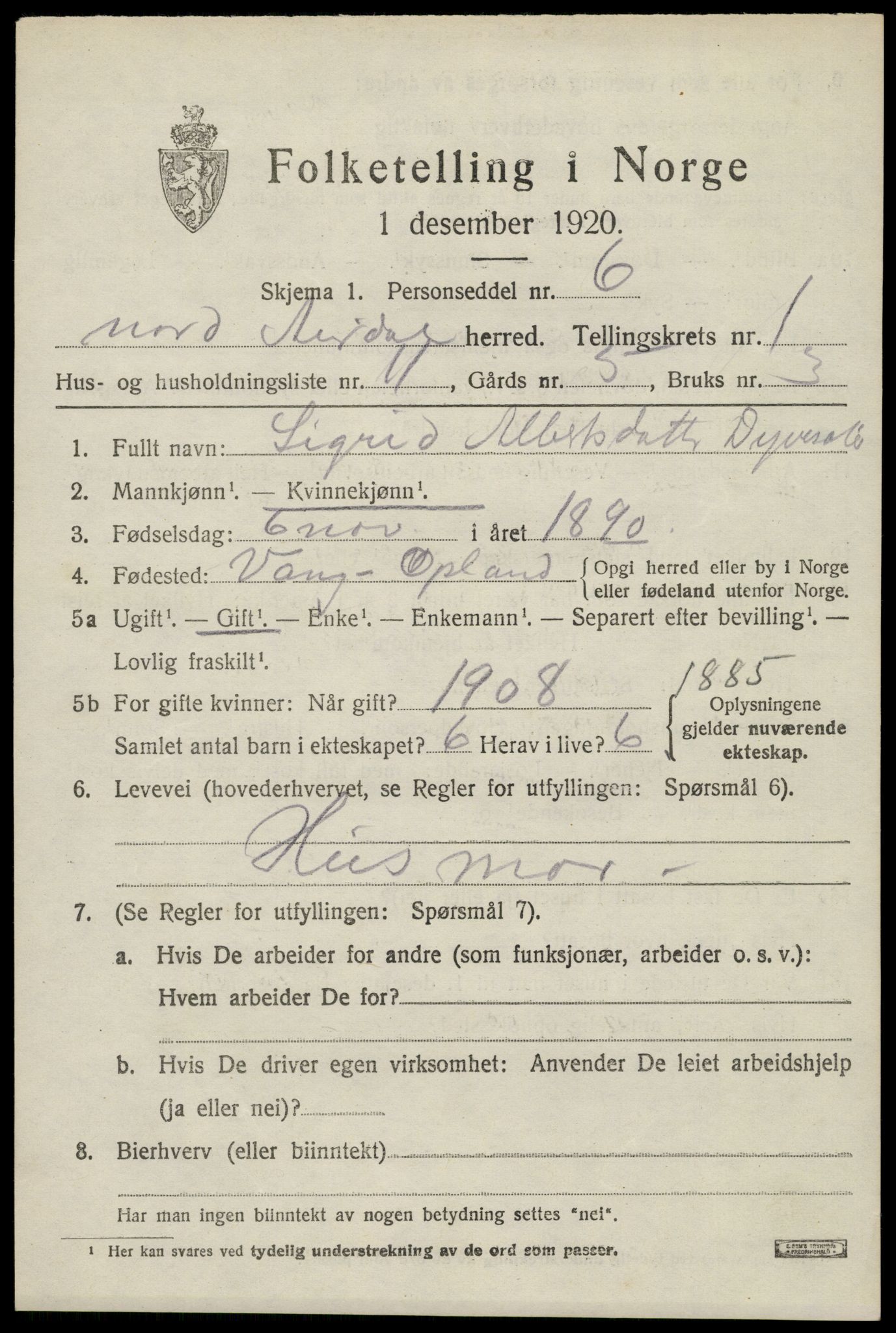 SAH, 1920 census for Nord-Aurdal, 1920, p. 2002
