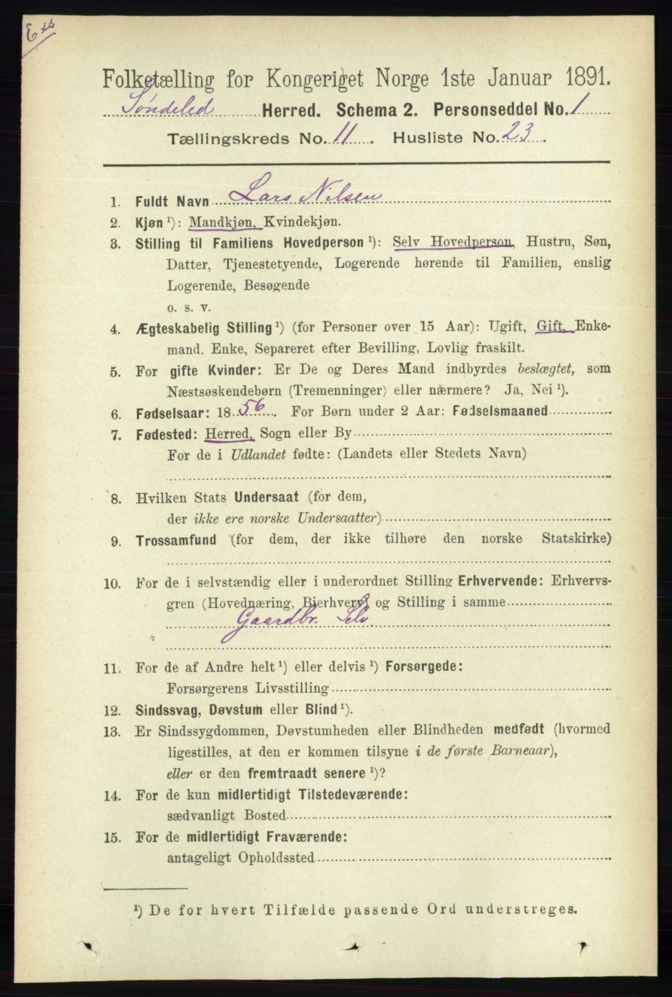 RA, Census 1891 for Nedenes amt: Gjenparter av personsedler for beslektede ektefeller, menn, 1891, p. 155