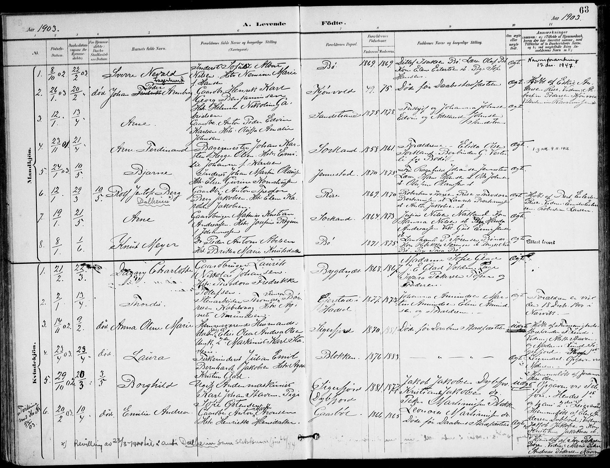 Ministerialprotokoller, klokkerbøker og fødselsregistre - Nordland, AV/SAT-A-1459/895/L1372: Parish register (official) no. 895A07, 1894-1914, p. 63