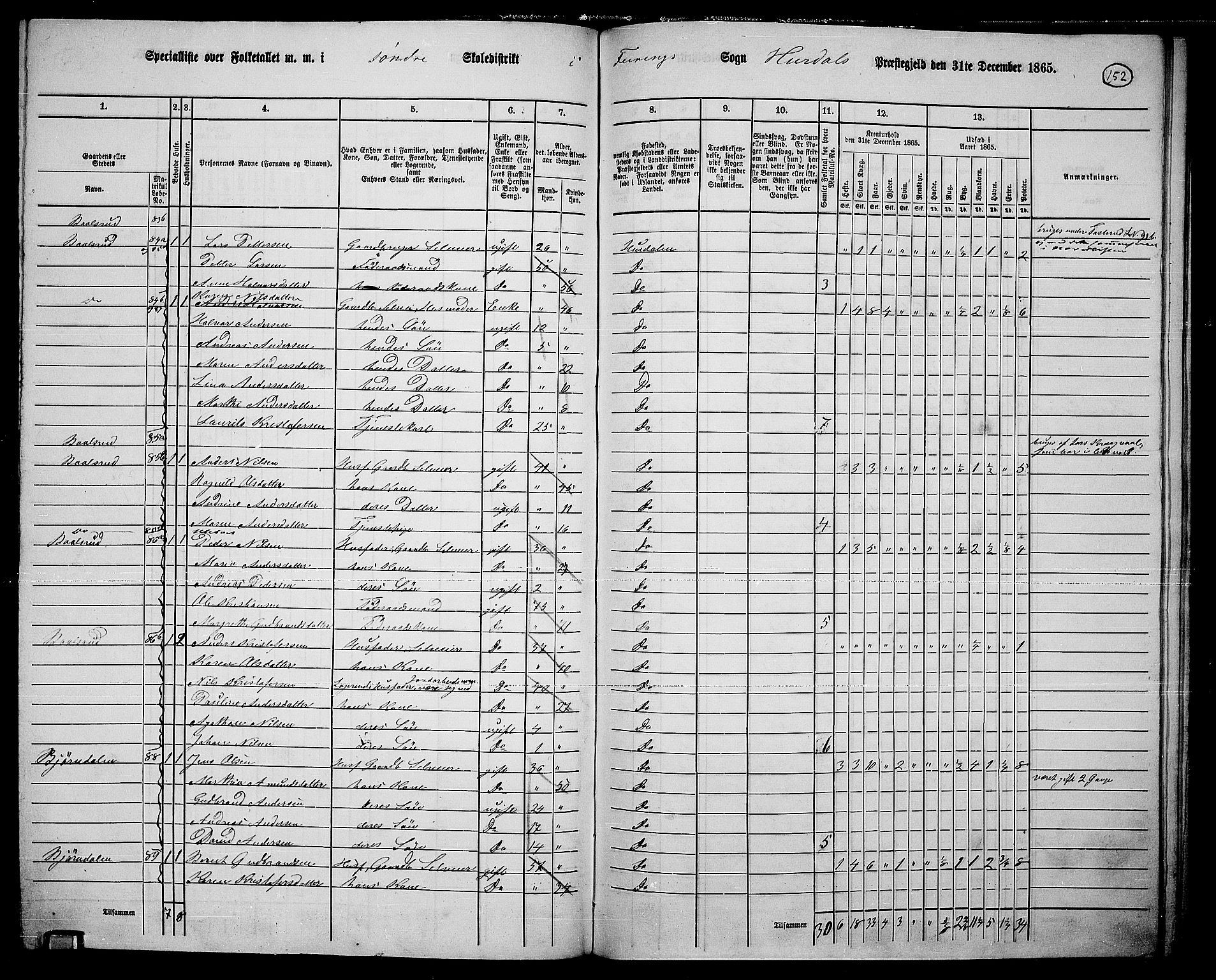 RA, 1865 census for Hurdal, 1865, p. 123