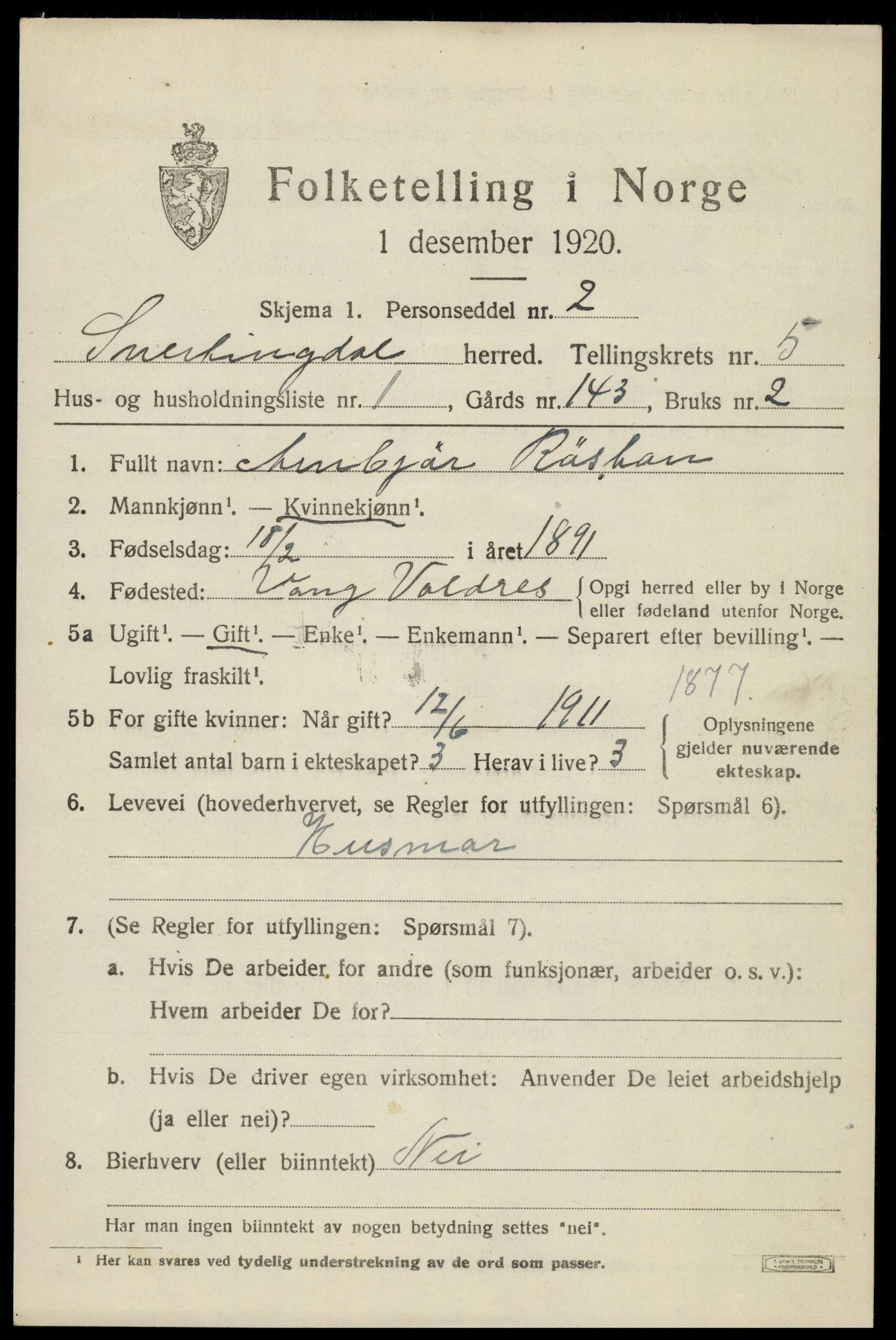 SAH, 1920 census for Snertingdal, 1920, p. 4275