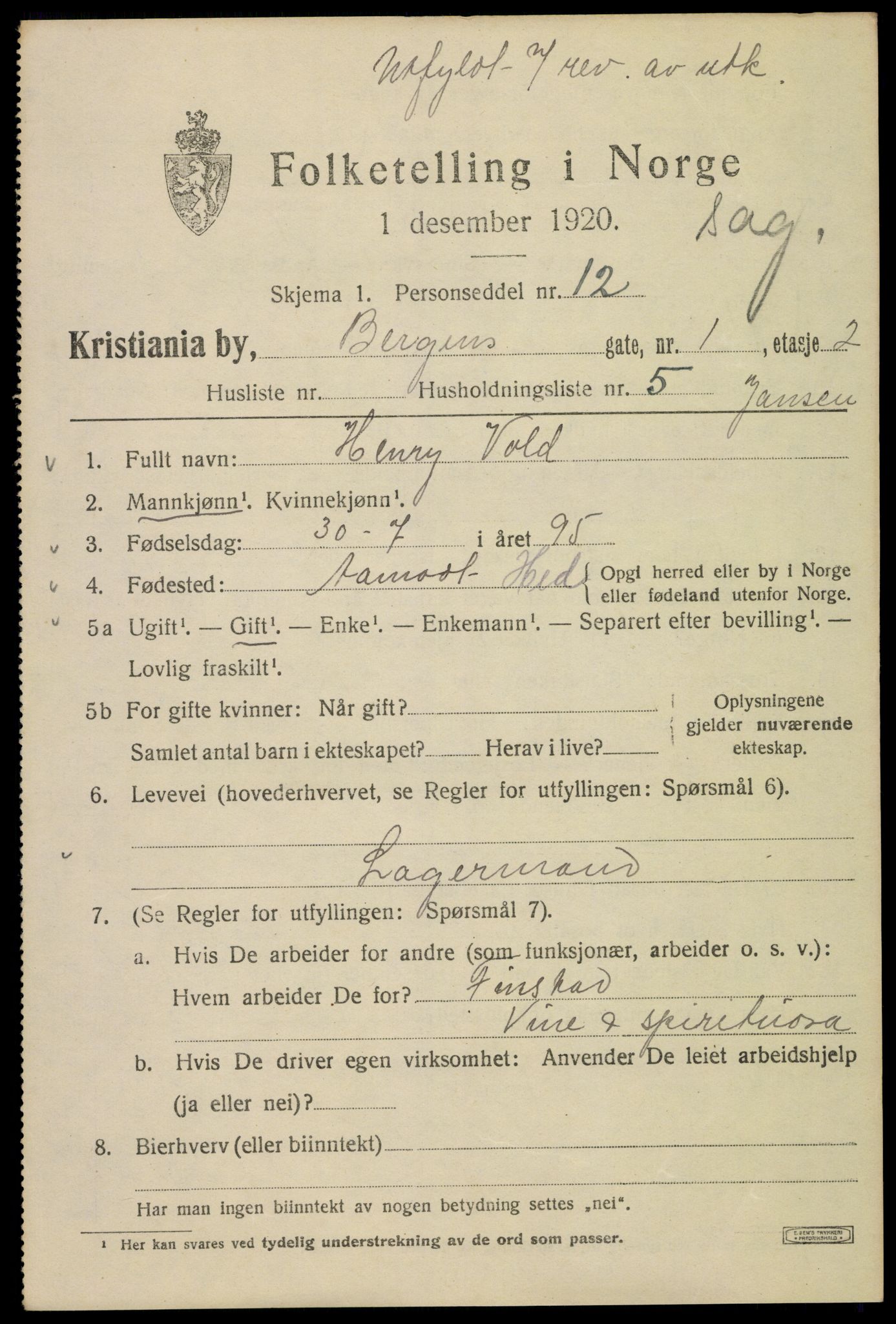 SAO, 1920 census for Kristiania, 1920, p. 152069