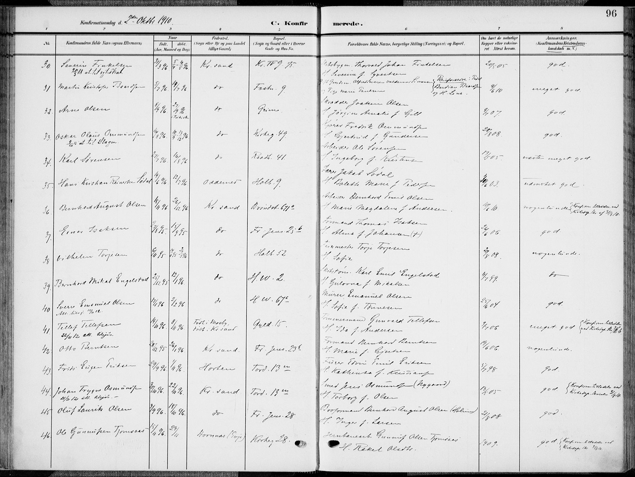 Kristiansand domprosti, SAK/1112-0006/F/Fa/L0022: Parish register (official) no. A 21, 1905-1916, p. 96