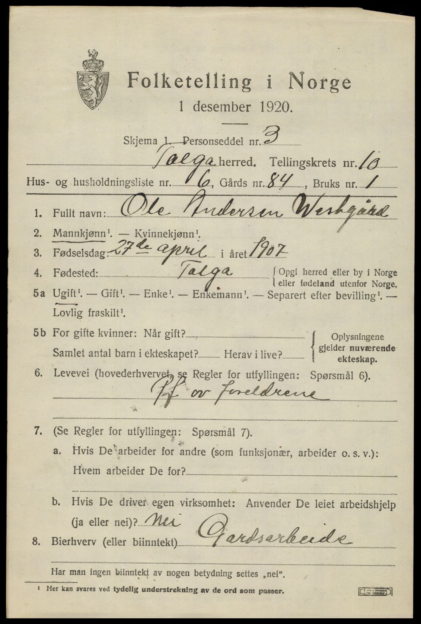 SAH, 1920 census for Tolga, 1920, p. 4955