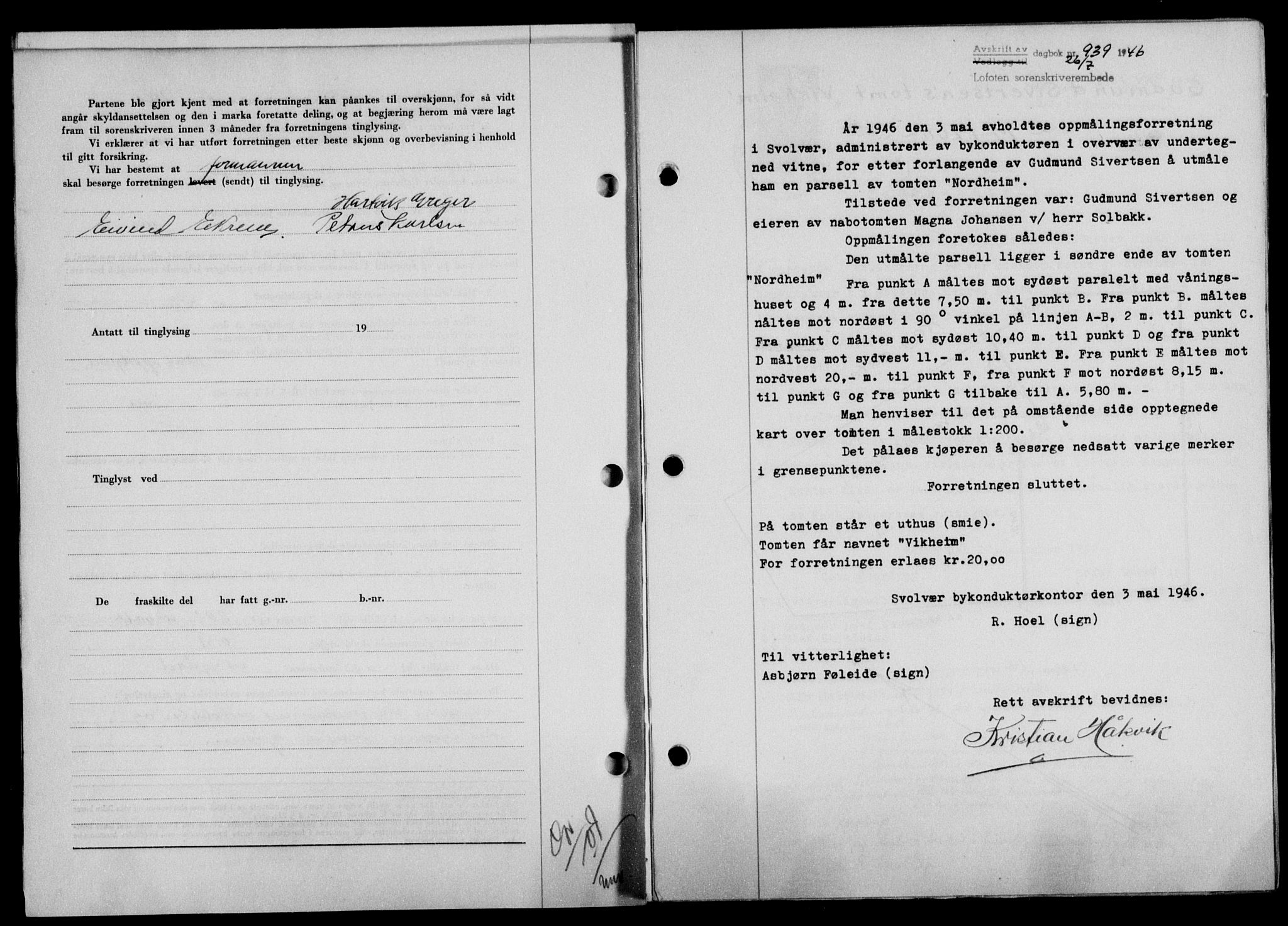 Lofoten sorenskriveri, SAT/A-0017/1/2/2C/L0014a: Mortgage book no. 14a, 1946-1946, Diary no: : 939/1946