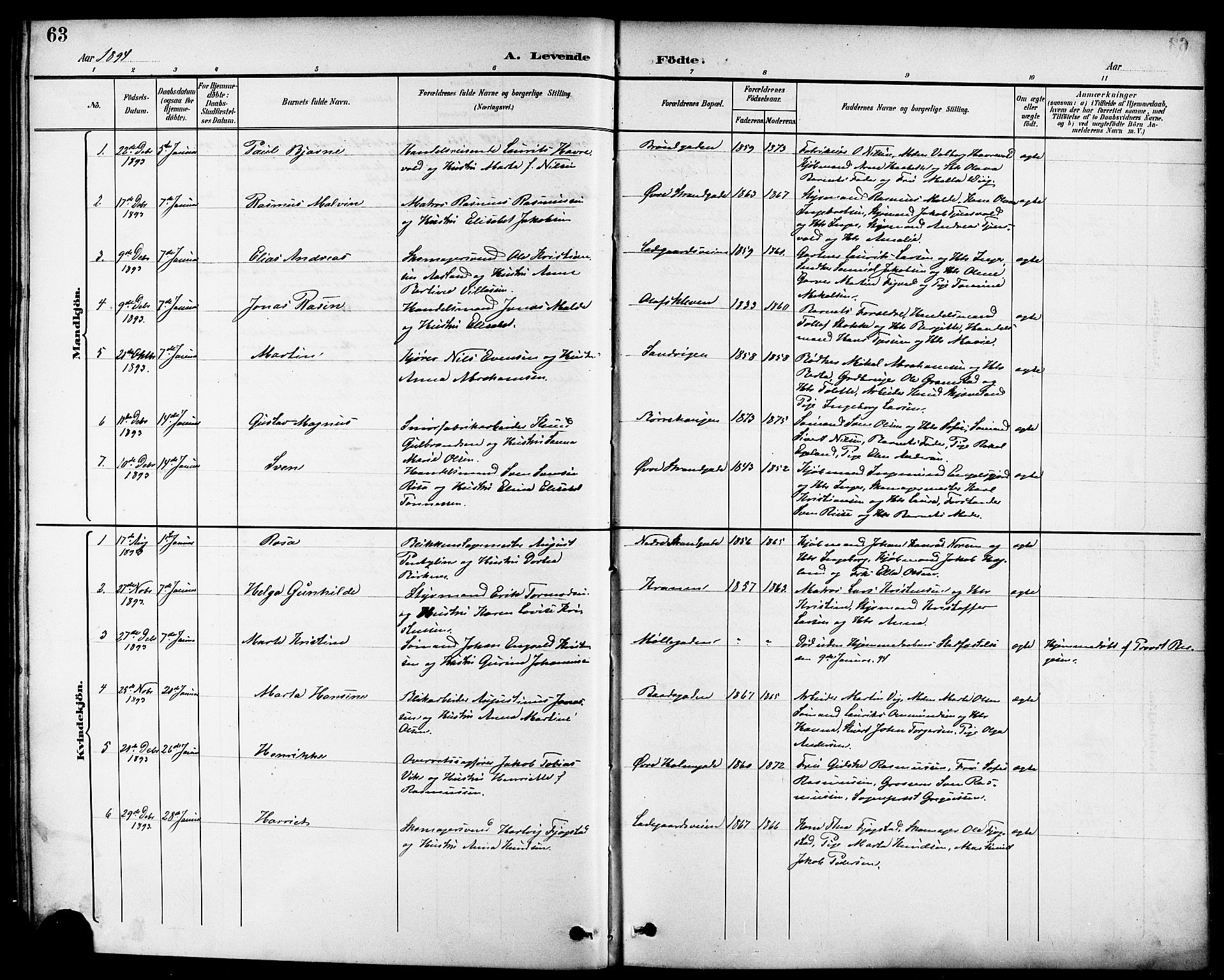 Domkirken sokneprestkontor, SAST/A-101812/001/30/30BB/L0016: Parish register (copy) no. B 16, 1891-1902, p. 63