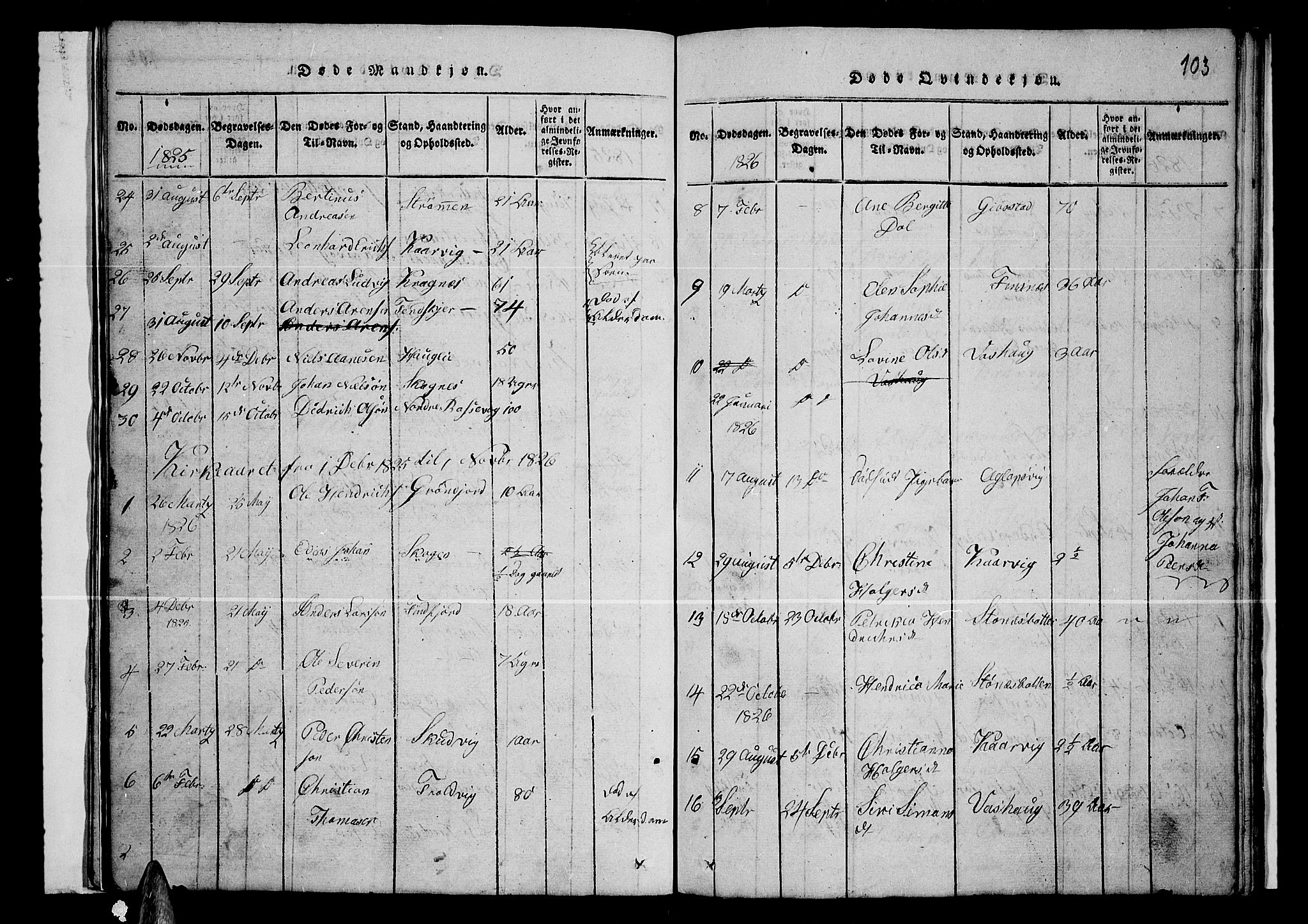 Lenvik sokneprestembete, AV/SATØ-S-1310/H/Ha/Hab/L0001klokker: Parish register (copy) no. 1, 1822-1837, p. 103