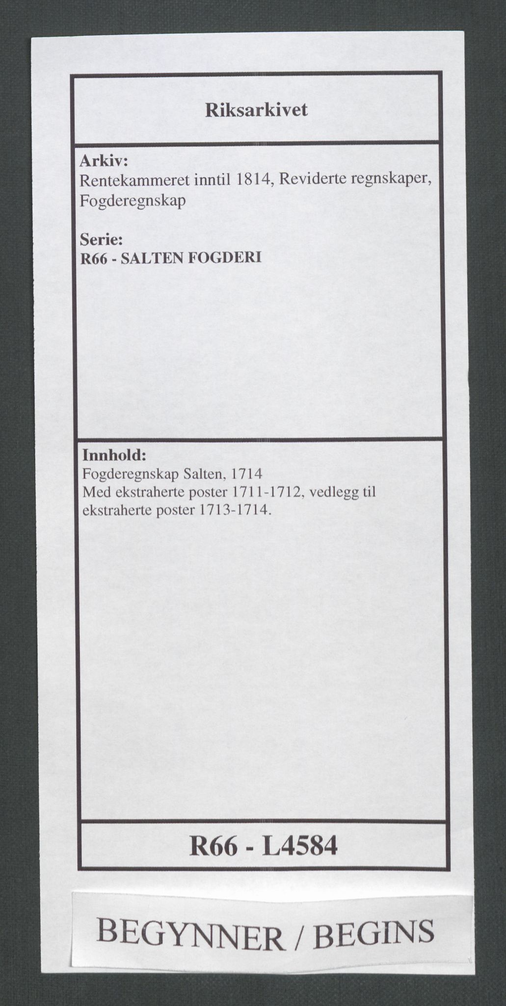 Rentekammeret inntil 1814, Reviderte regnskaper, Fogderegnskap, AV/RA-EA-4092/R66/L4584: Fogderegnskap Salten, 1714, p. 1