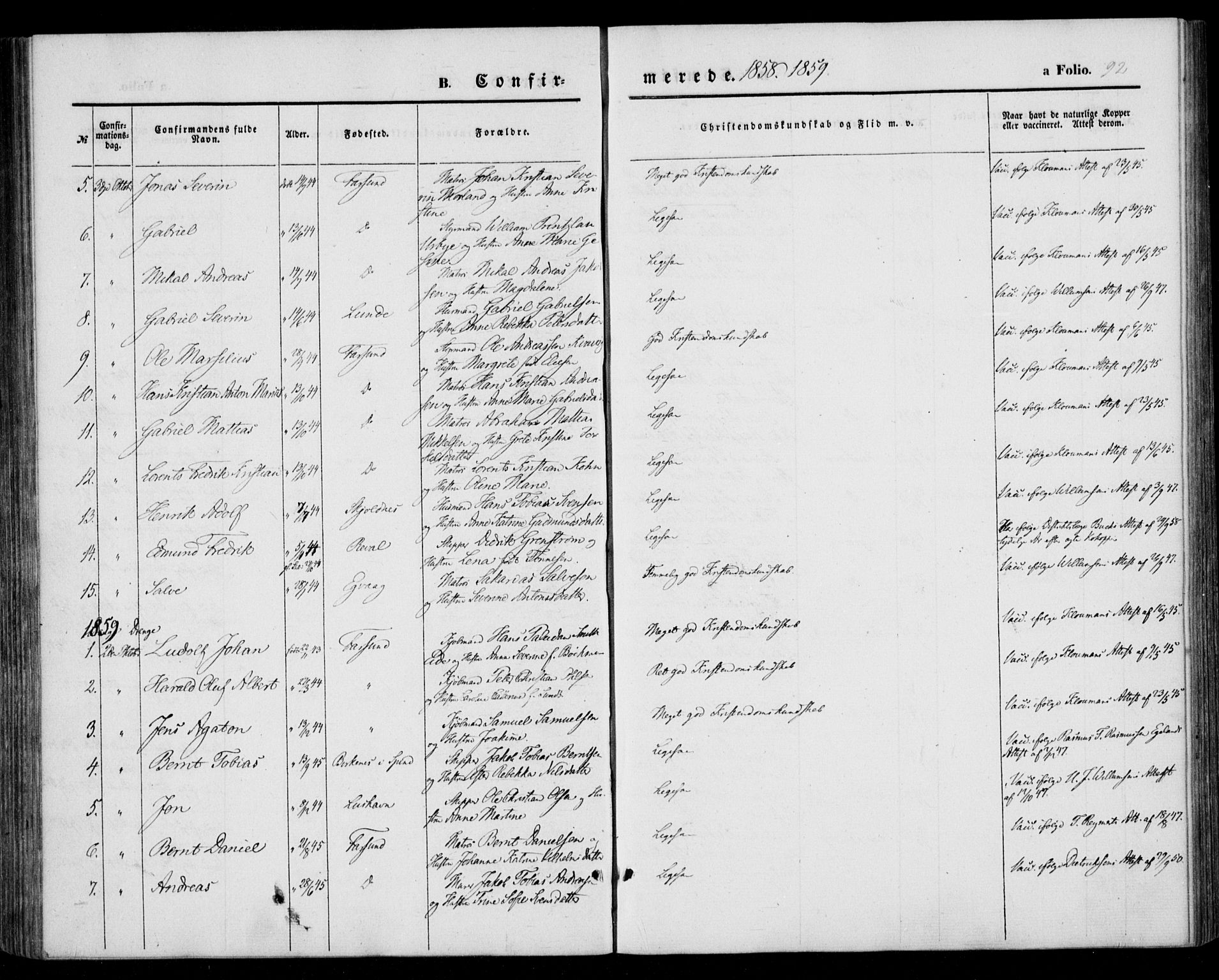 Farsund sokneprestkontor, AV/SAK-1111-0009/F/Fa/L0004: Parish register (official) no. A 4, 1847-1863, p. 92