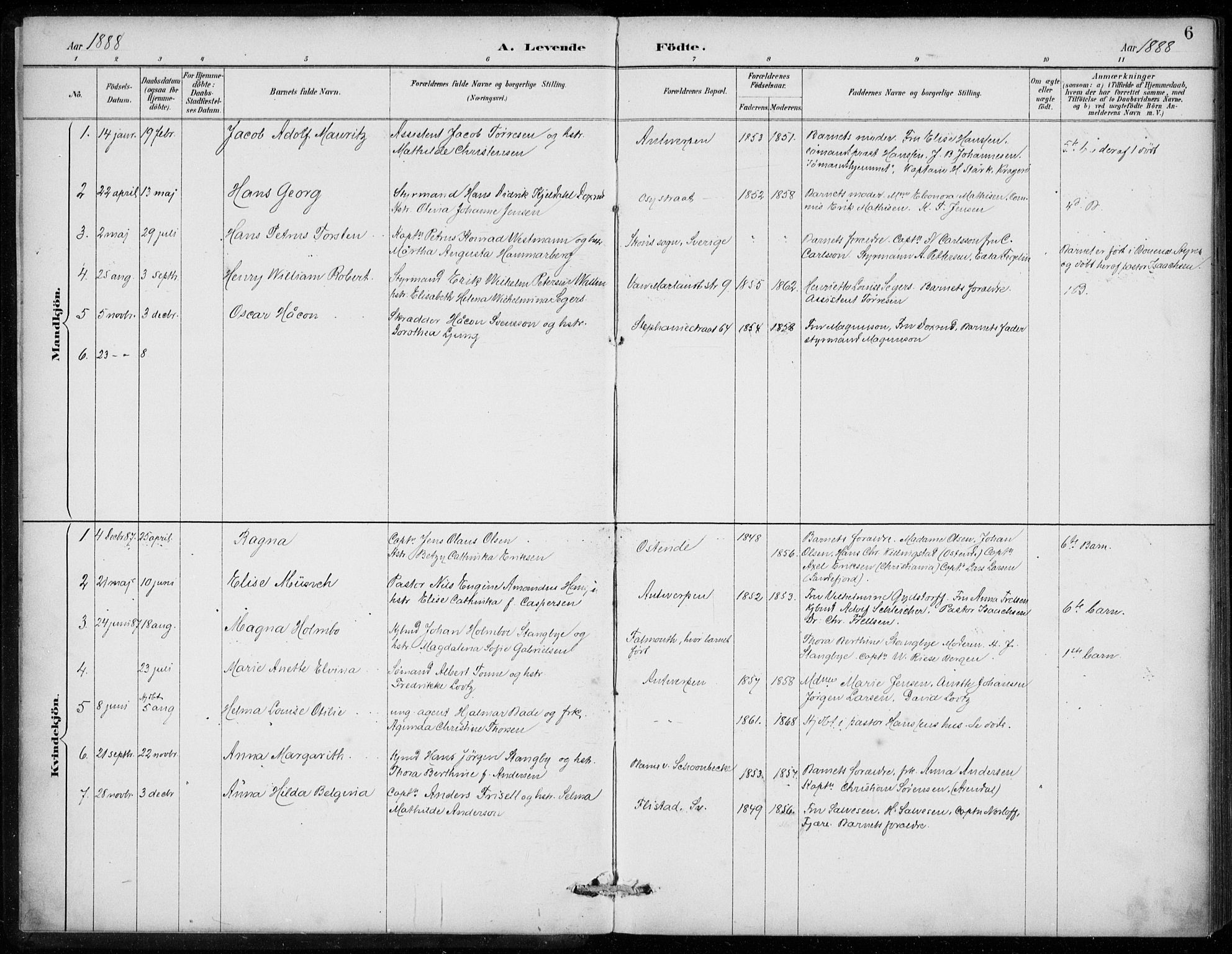 Den norske sjømannsmisjon i utlandet/Antwerpen, SAB/SAB/PA-0105/H/Ha/L0002: Parish register (official) no. A 2, 1887-1913, p. 6