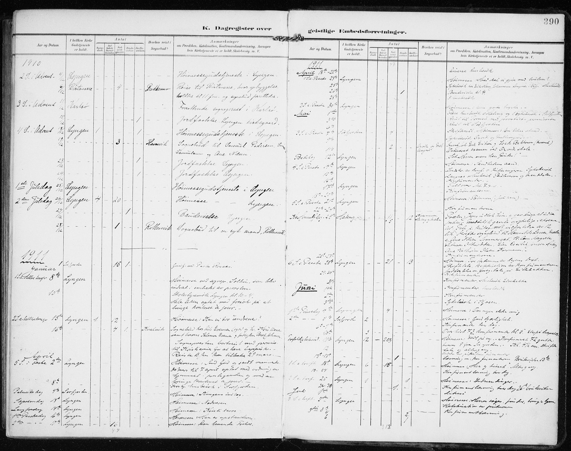 Lyngen sokneprestembete, AV/SATØ-S-1289/H/He/Hea/L0011kirke: Parish register (official) no. 11, 1903-1913, p. 390