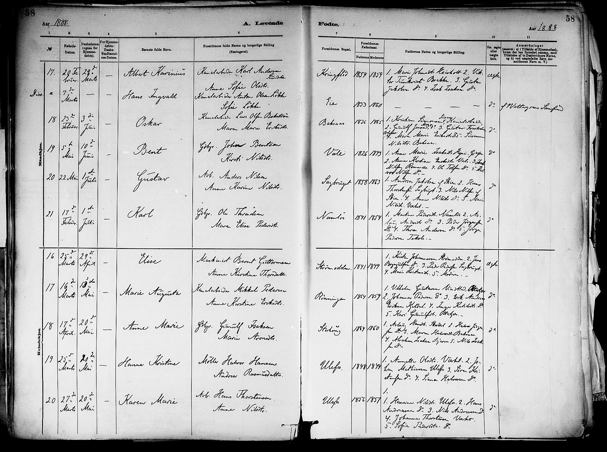 Holla kirkebøker, AV/SAKO-A-272/F/Fa/L0008: Parish register (official) no. 8, 1882-1897, p. 58