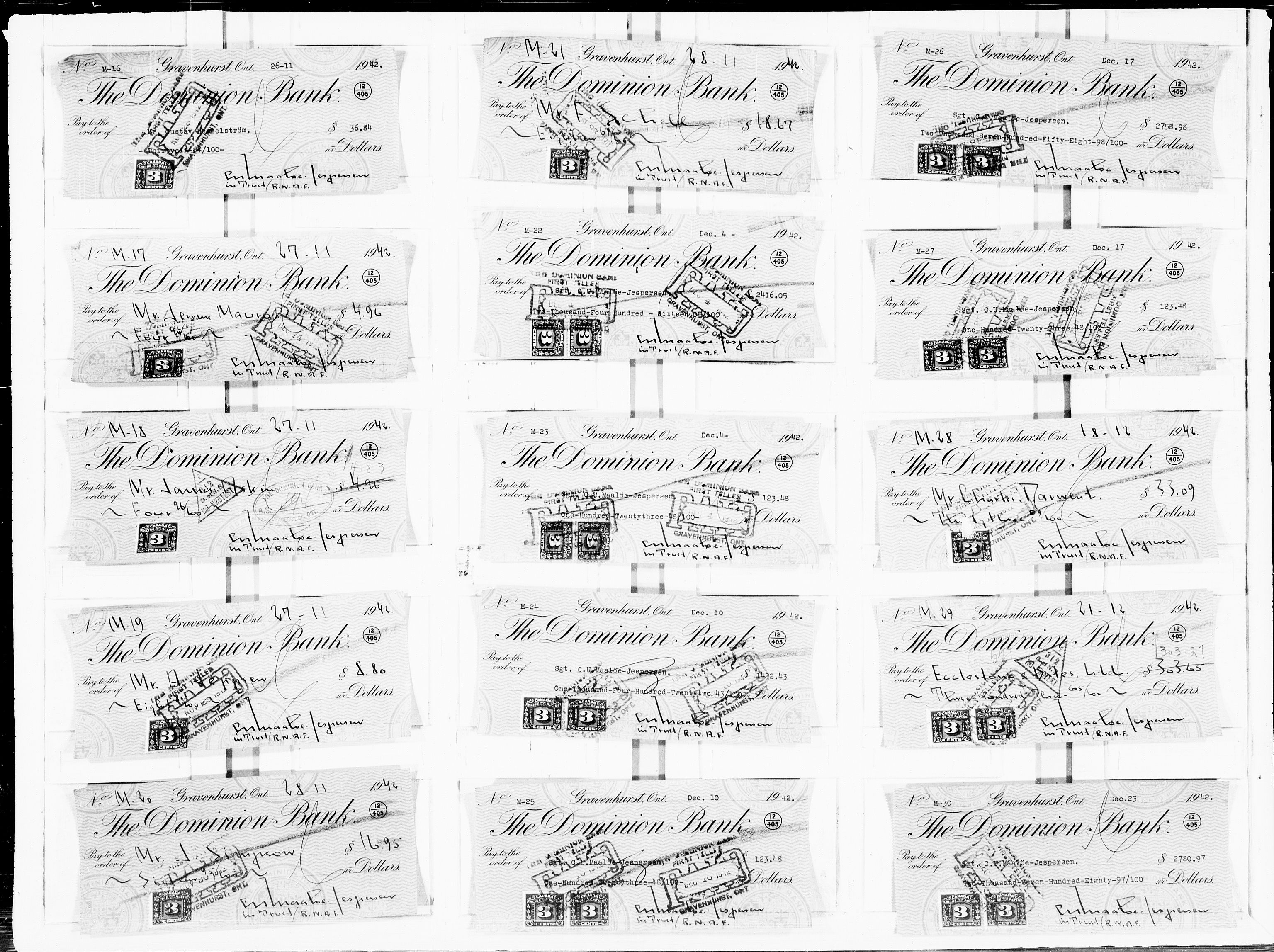 Forsvaret, Flyvåpnenes treningsleir 1940-1945, AV/RA-RAFA-3974/V/L0060: Sjekker.  Trust Account.  Sjekk nr. M-1 til M-4273., 1940-1945