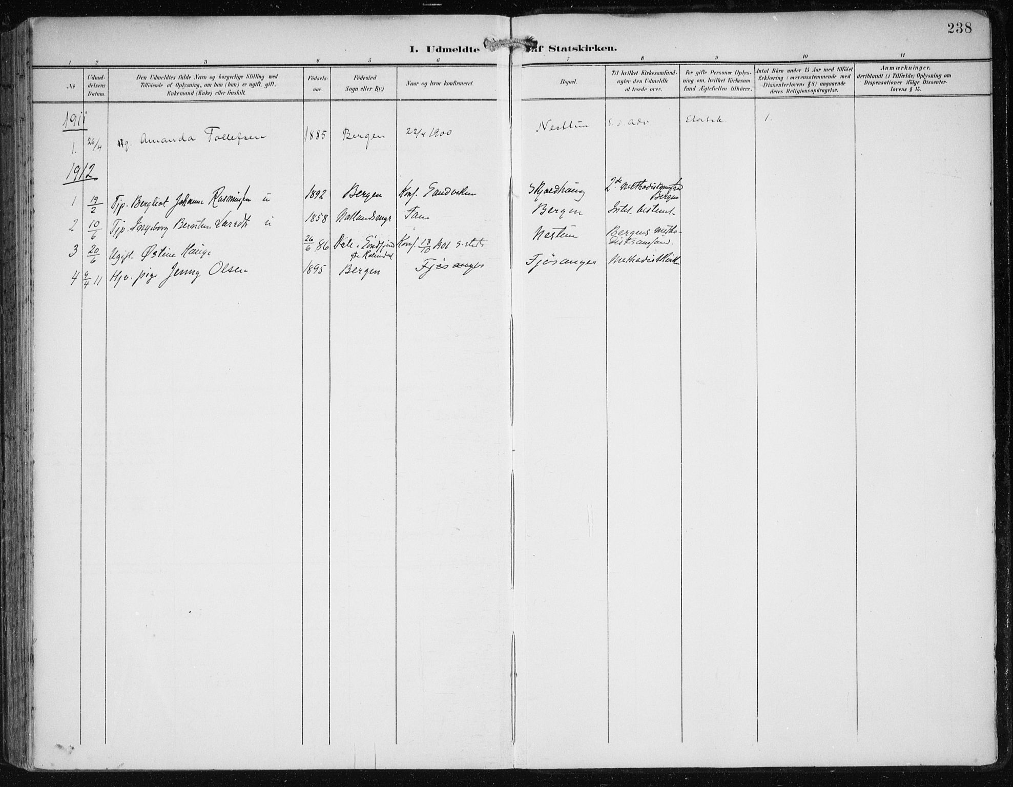 Fana Sokneprestembete, SAB/A-75101/H/Haa/Haai/L0003: Parish register (official) no. I 3, 1900-1912, p. 238
