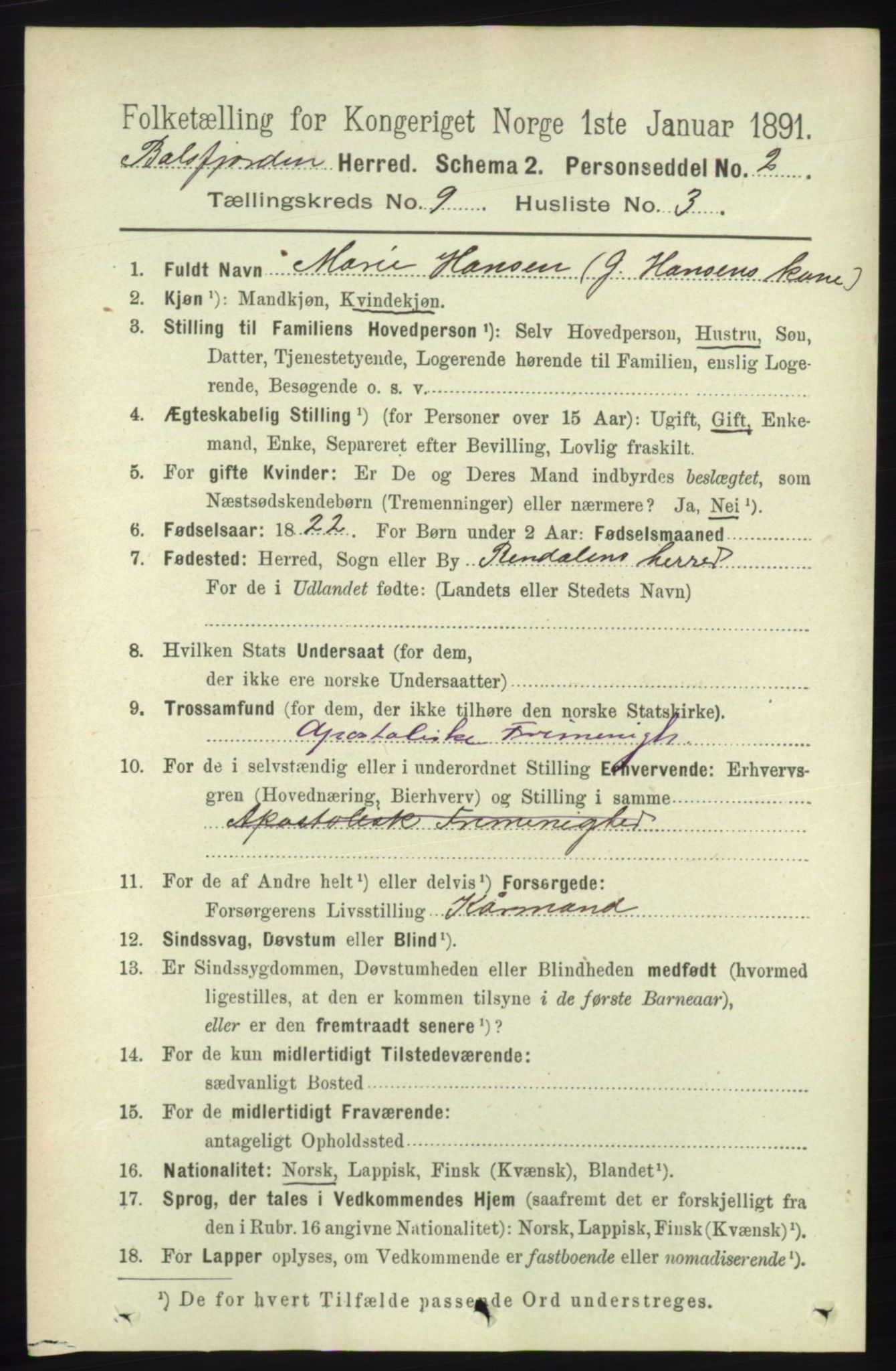 RA, 1891 census for 1933 Balsfjord, 1891, p. 3129