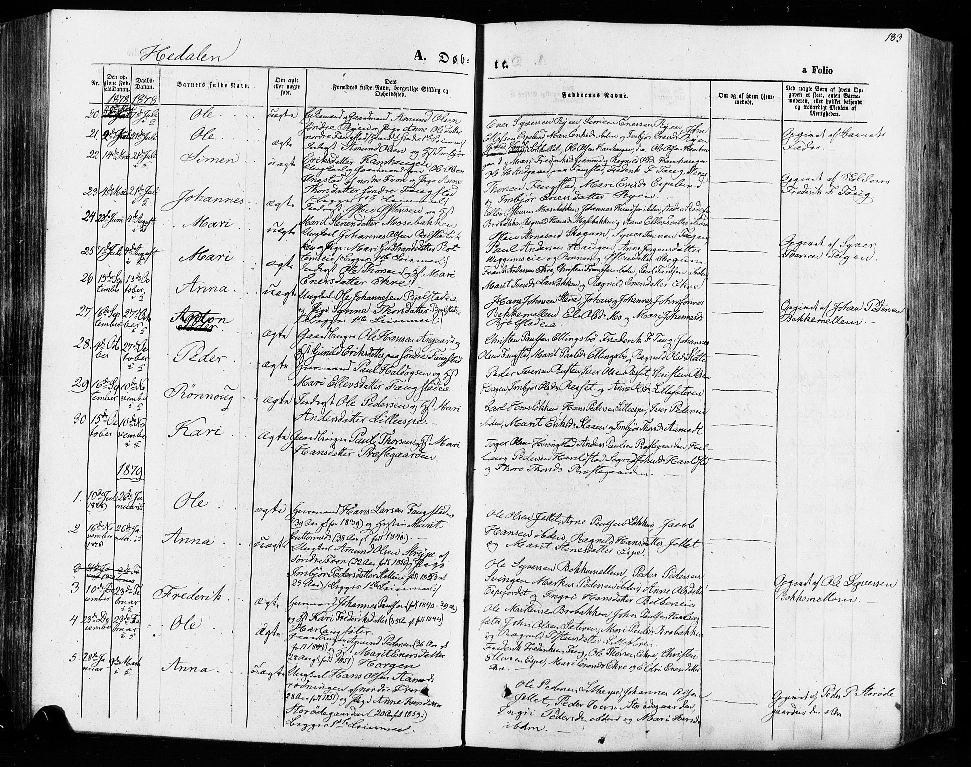 Vågå prestekontor, SAH/PREST-076/H/Ha/Haa/L0007: Parish register (official) no. 7 /2, 1873-1886, p. 183