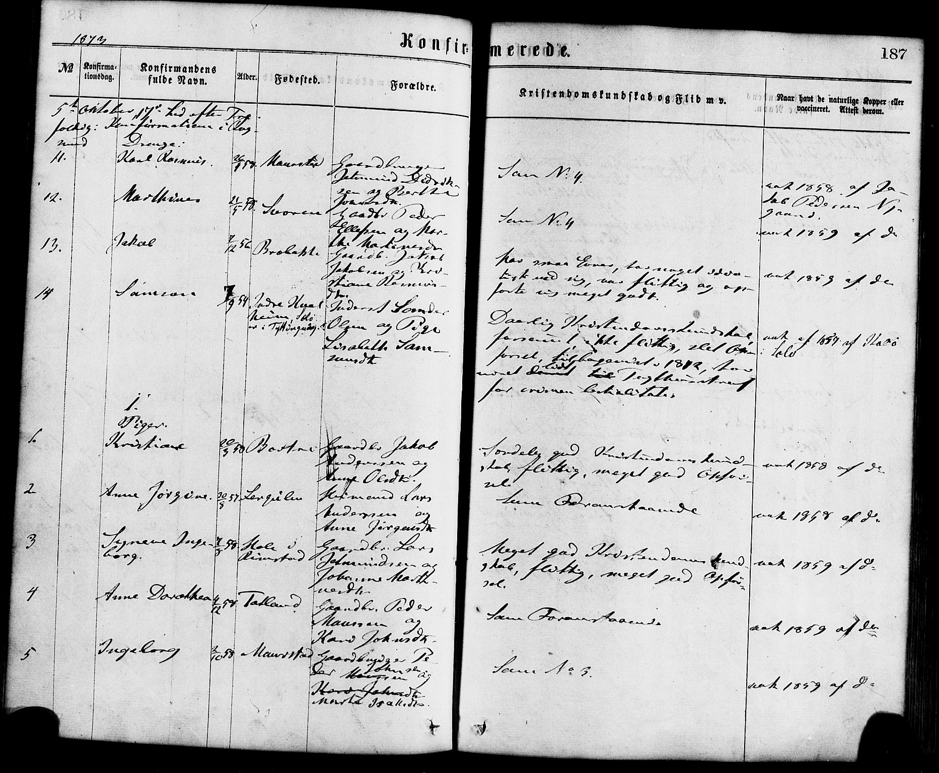 Davik sokneprestembete, AV/SAB-A-79701/H/Haa/Haaa/L0006: Parish register (official) no. A 6, 1867-1881, p. 187