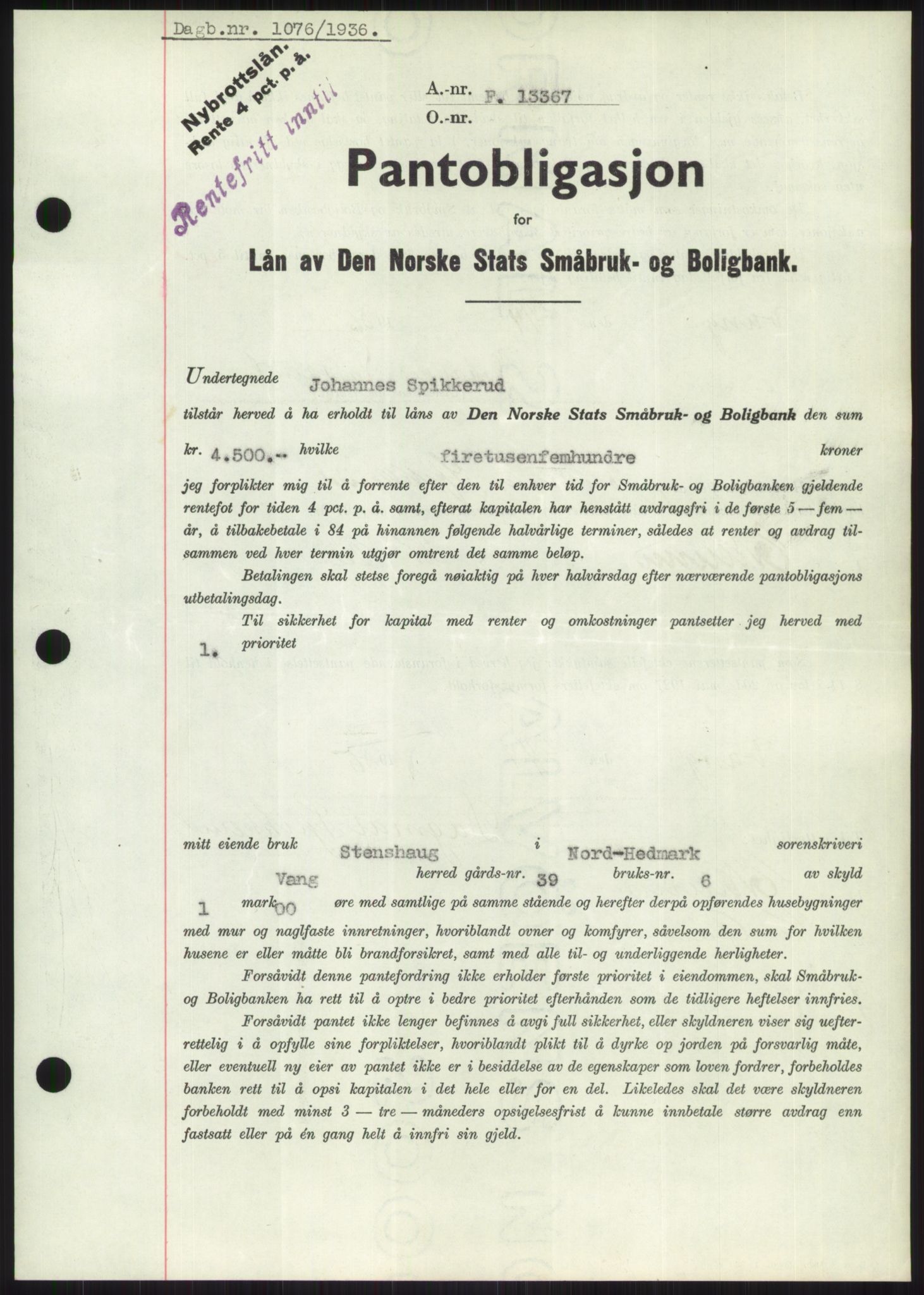 Nord-Hedmark sorenskriveri, SAH/TING-012/H/Hb/Hbf/L0001: Mortgage book no. B1, 1936-1936, Diary no: : 1076/1936