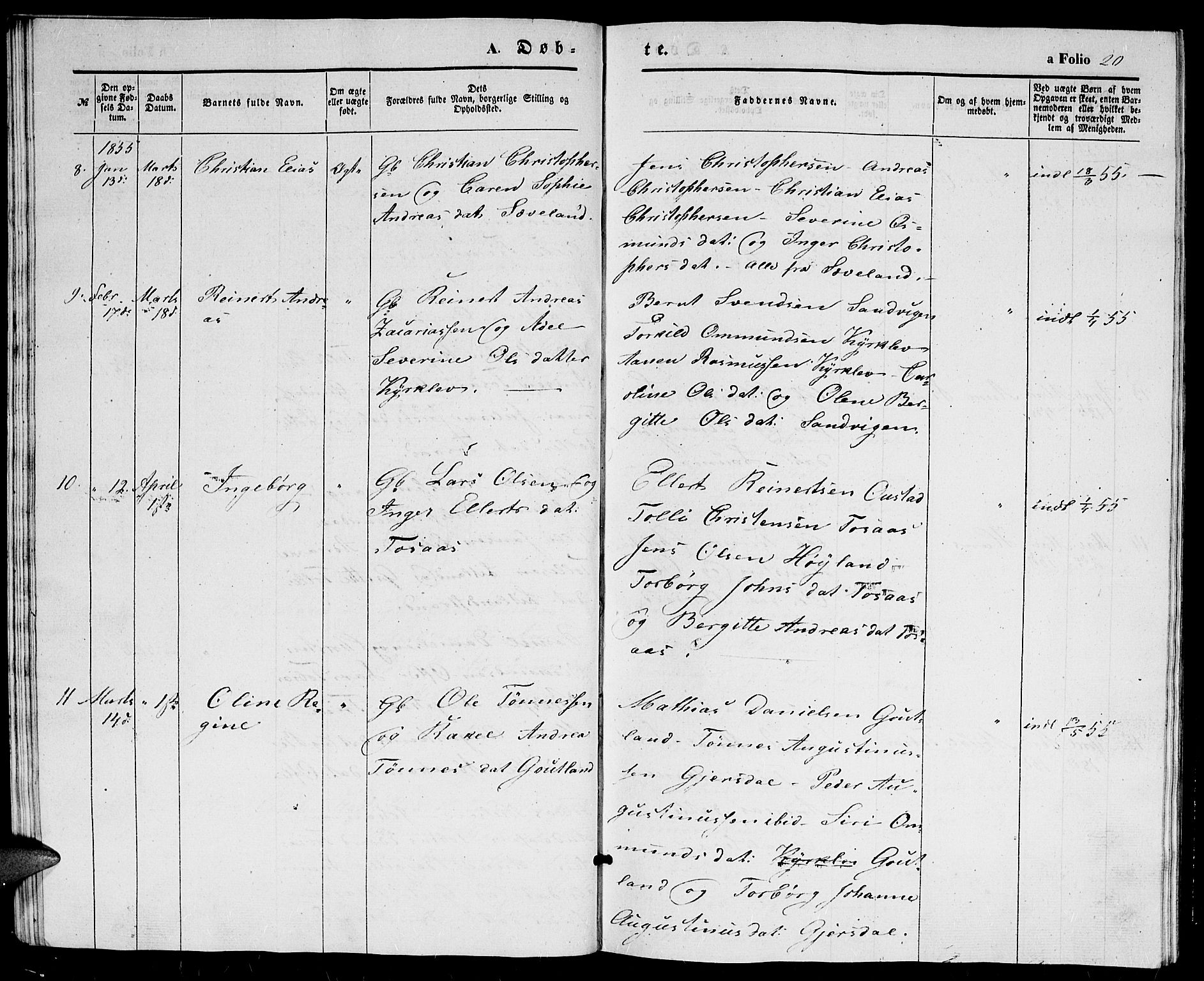 Herad sokneprestkontor, AV/SAK-1111-0018/F/Fb/Fba/L0002: Parish register (copy) no. B 2, 1852-1862, p. 20