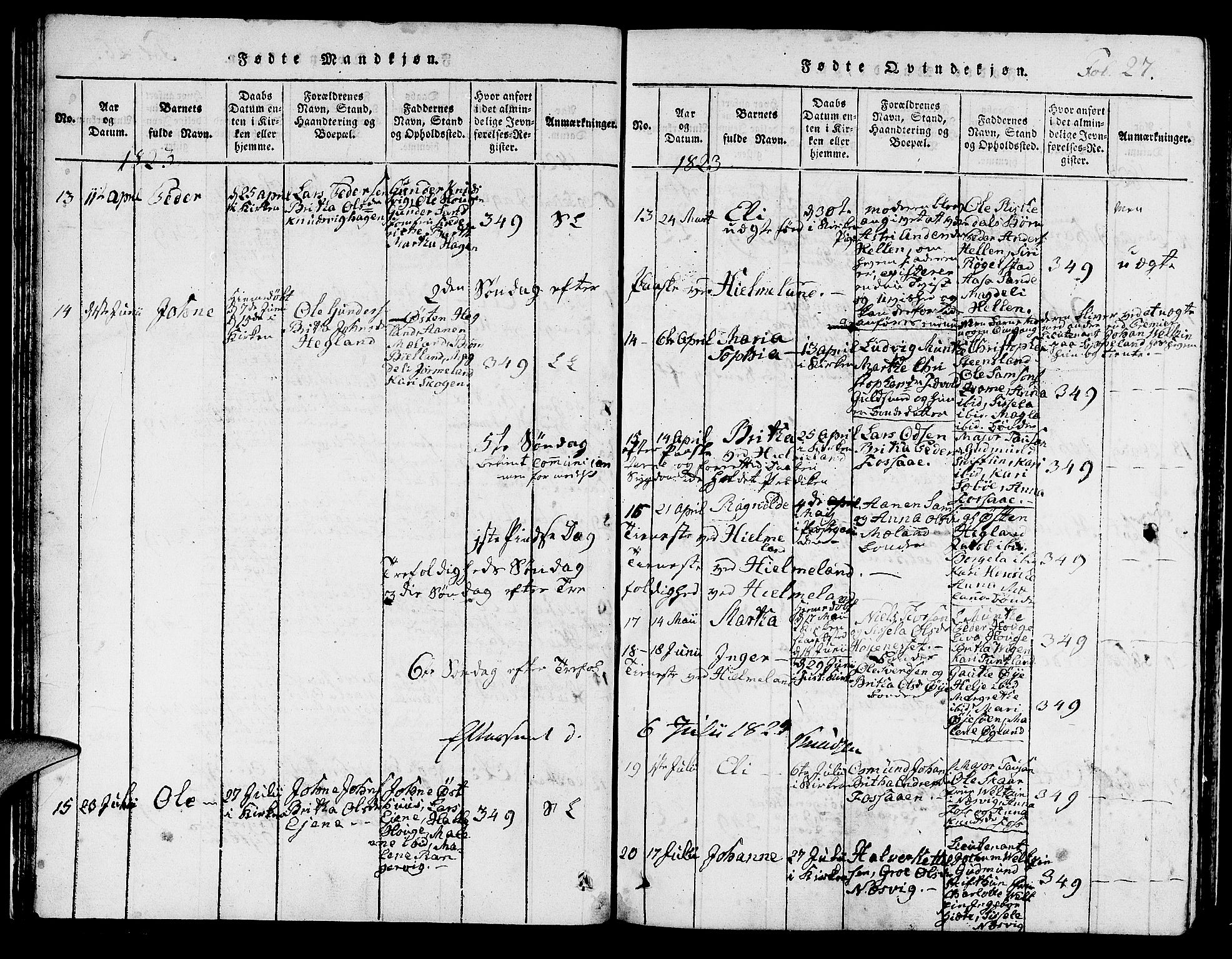 Hjelmeland sokneprestkontor, SAST/A-101843/01/IV/L0003: Parish register (official) no. A 3, 1816-1834, p. 27