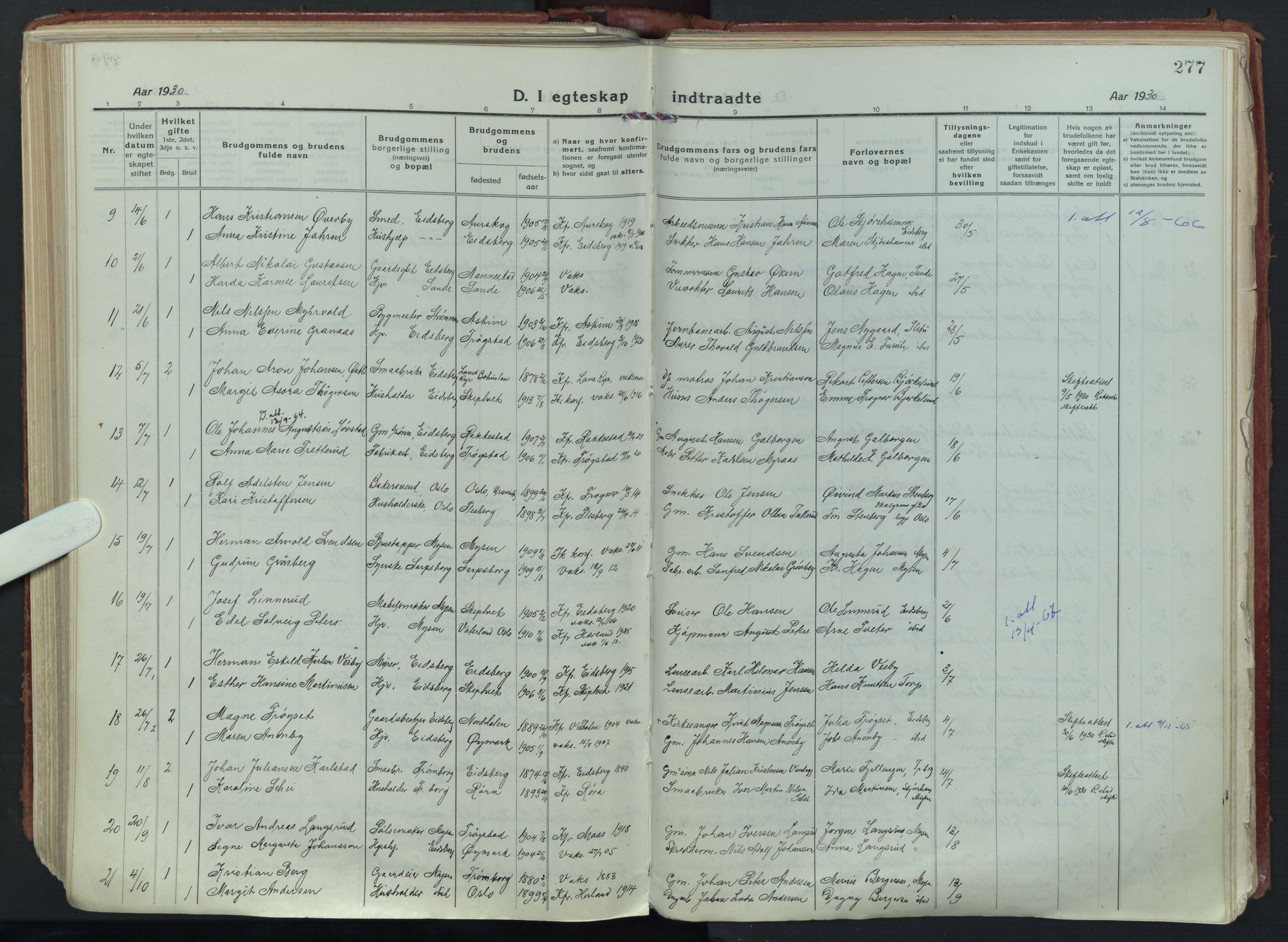 Eidsberg prestekontor Kirkebøker, SAO/A-10905/F/Fa/L0015: Parish register (official) no. I 15, 1920-1937, p. 277