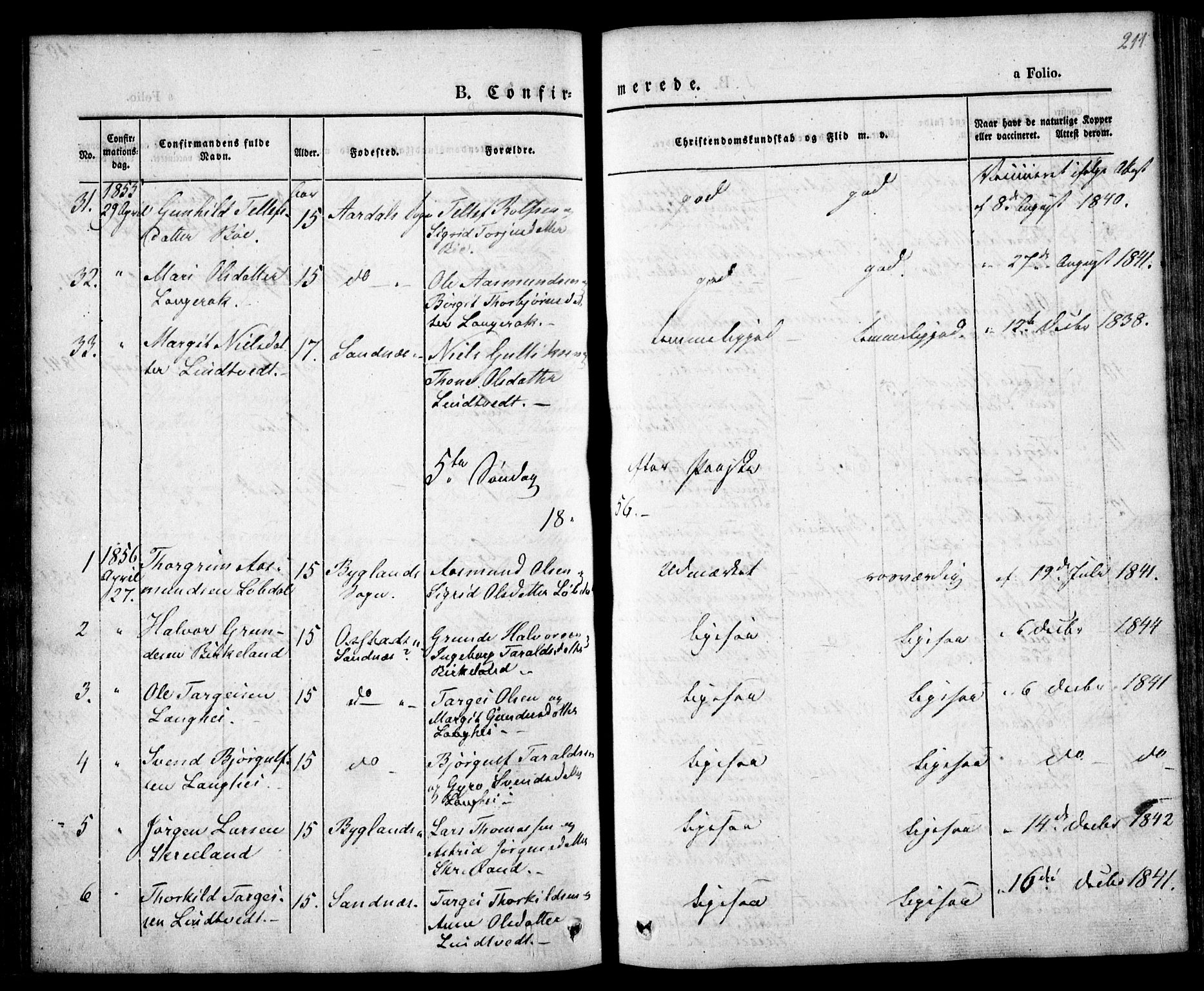 Bygland sokneprestkontor, SAK/1111-0006/F/Fa/Fab/L0004: Parish register (official) no. A 4, 1842-1858, p. 211