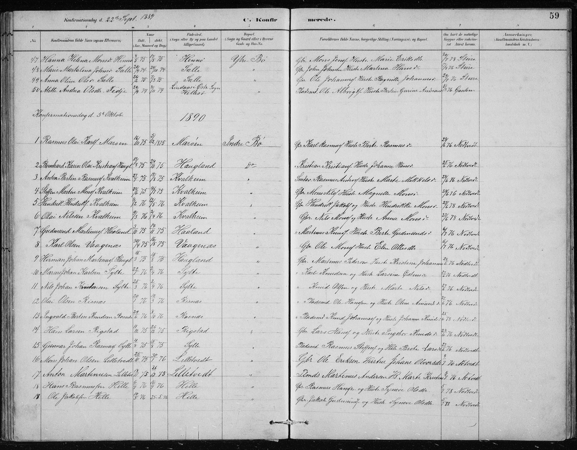 Manger sokneprestembete, SAB/A-76801/H/Hab: Parish register (copy) no. B 2, 1882-1890, p. 59
