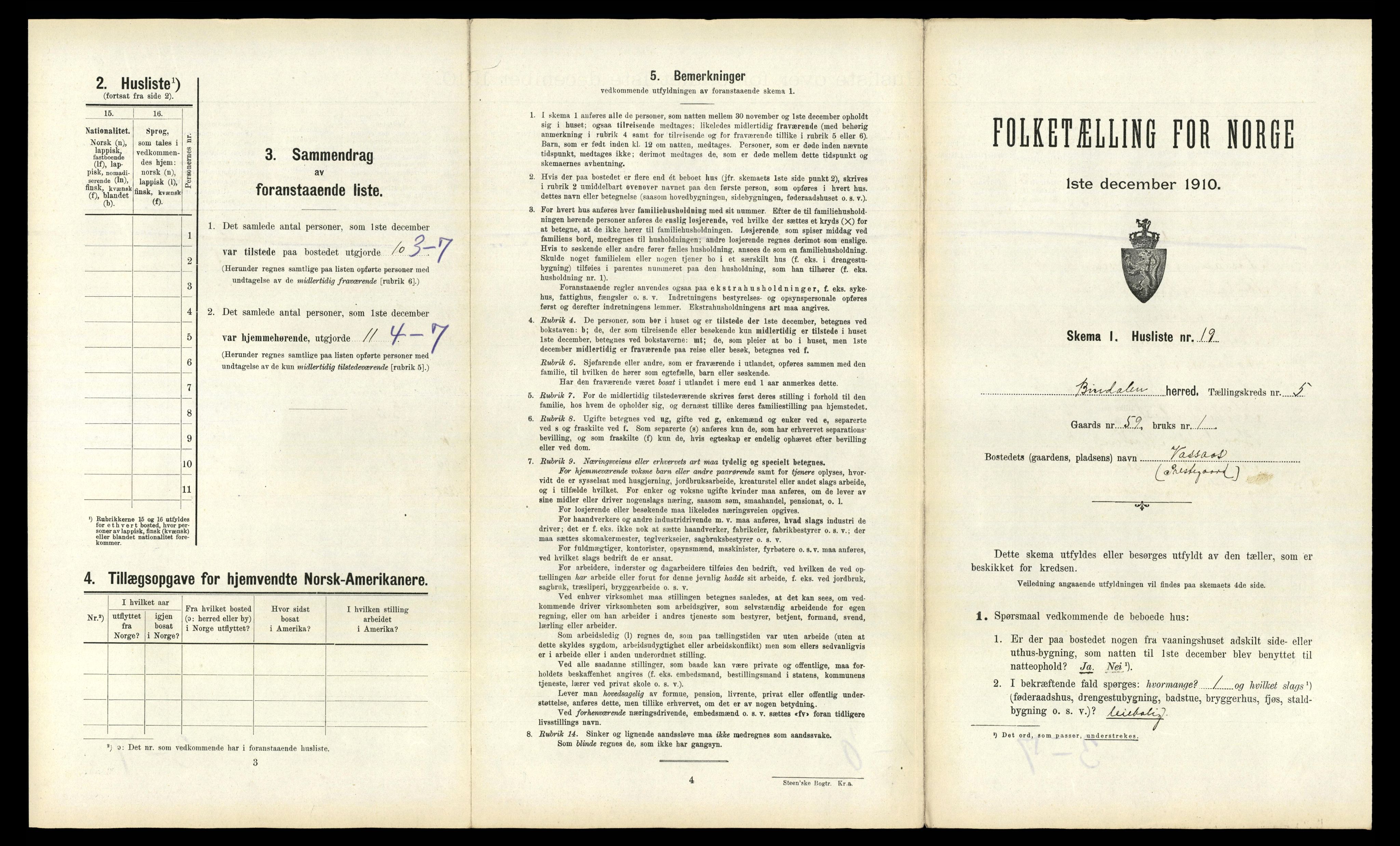 RA, 1910 census for Bindal, 1910, p. 462