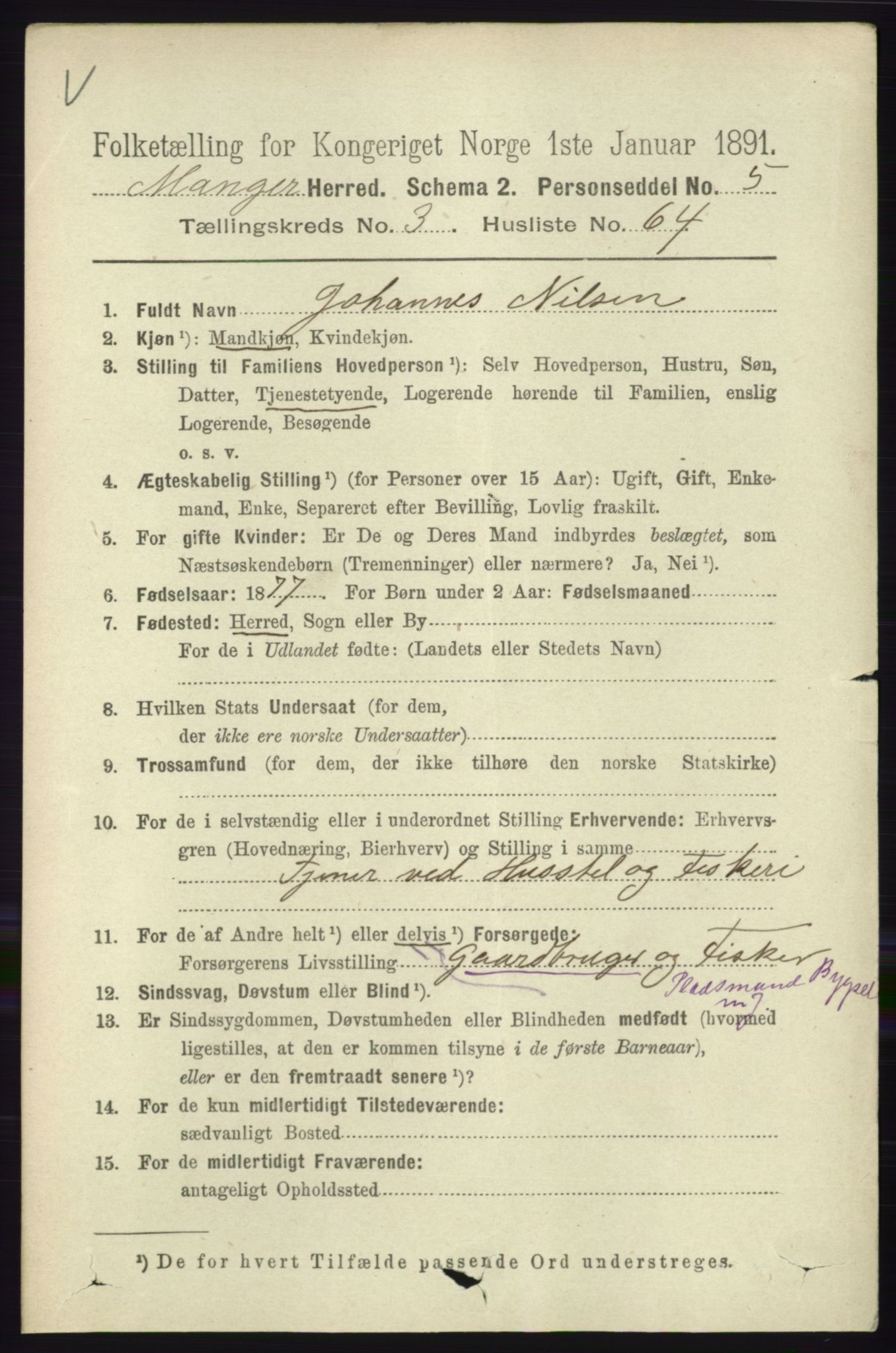 RA, 1891 census for 1261 Manger, 1891, p. 1854