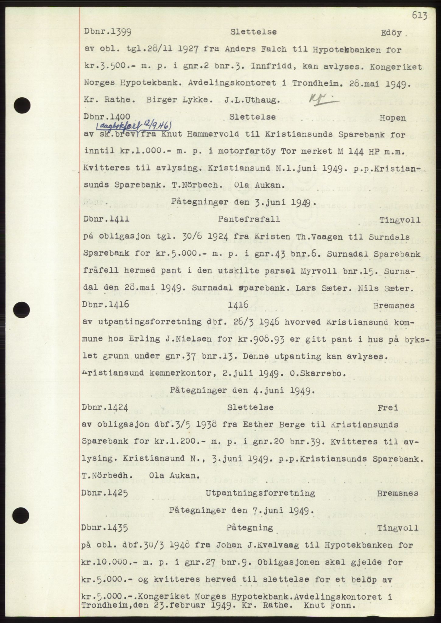 Nordmøre sorenskriveri, SAT/A-4132/1/2/2Ca: Mortgage book no. C82b, 1946-1951, Diary no: : 1399/1949