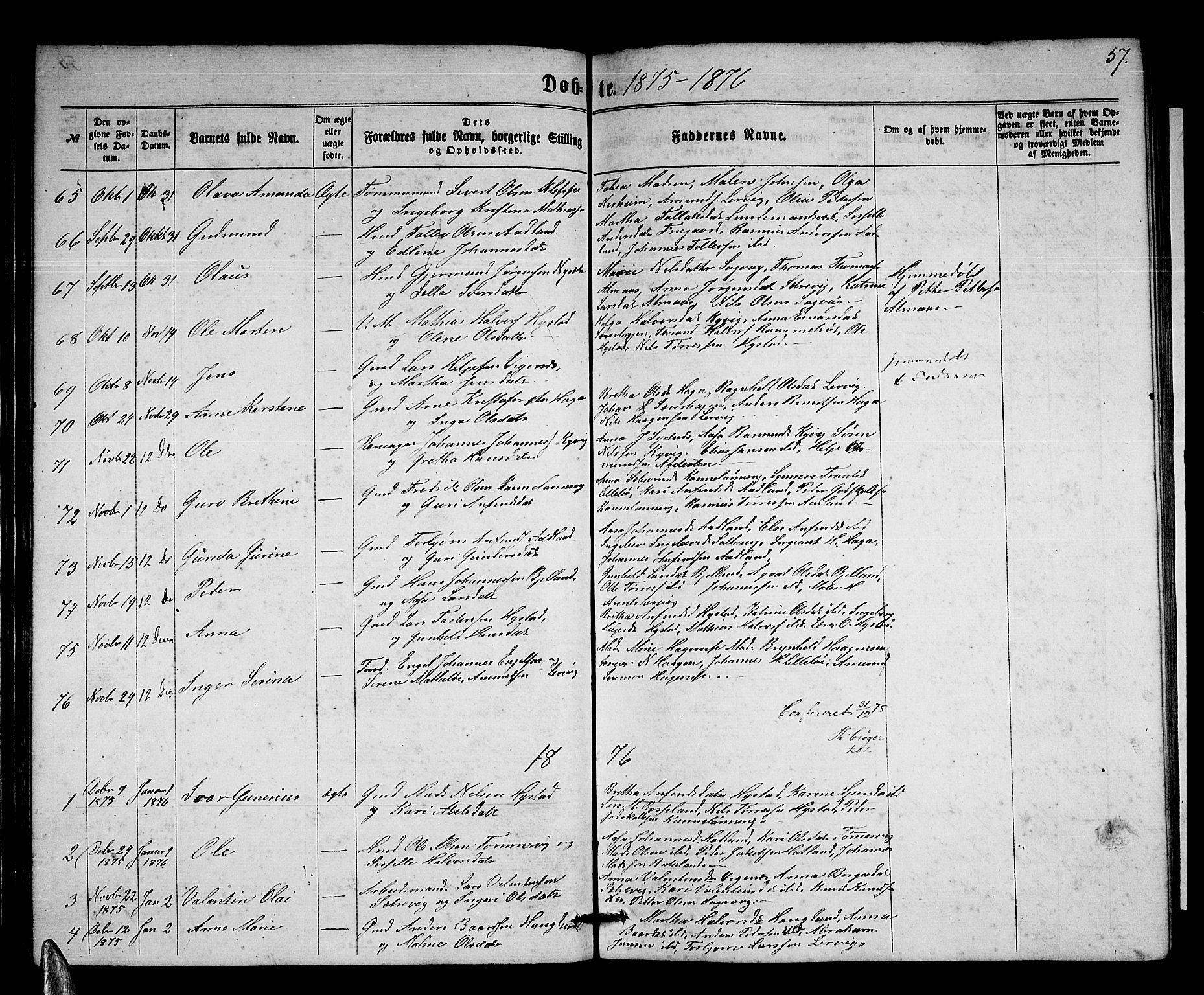 Stord sokneprestembete, SAB/A-78201/H/Hab: Parish register (copy) no. A 1, 1864-1878, p. 57