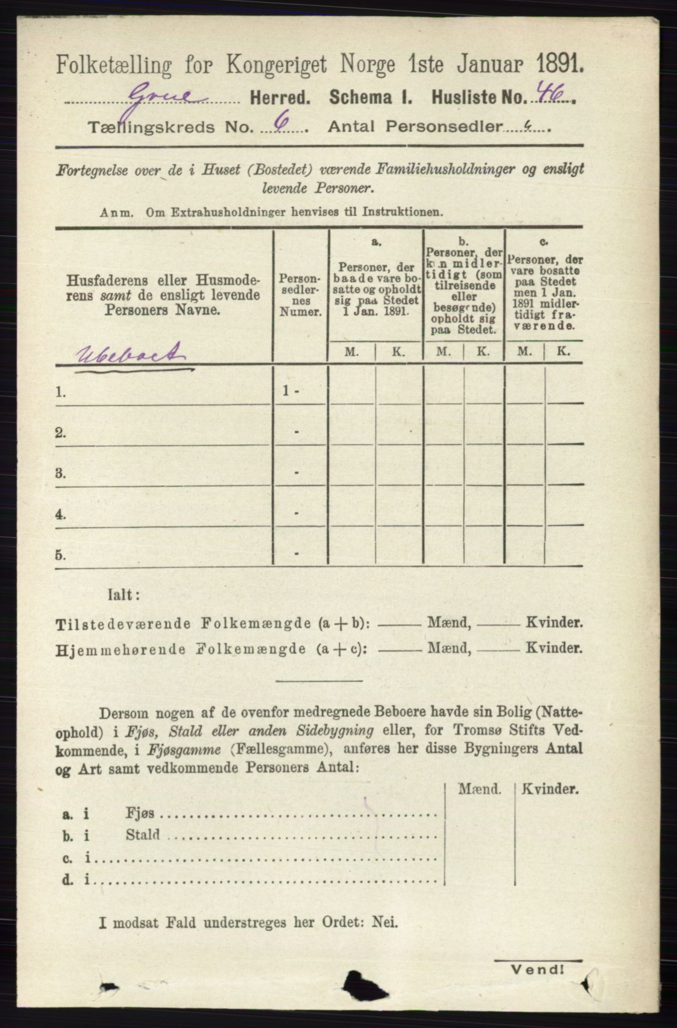 RA, 1891 census for 0423 Grue, 1891, p. 3233