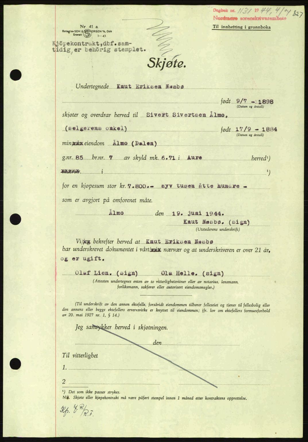 Nordmøre sorenskriveri, AV/SAT-A-4132/1/2/2Ca: Mortgage book no. A97, 1944-1944, Diary no: : 1131/1944