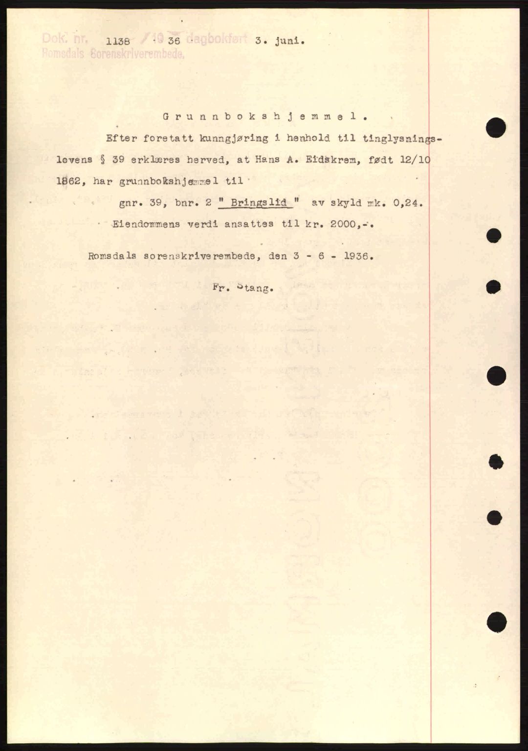 Romsdal sorenskriveri, AV/SAT-A-4149/1/2/2C: Mortgage book no. A1, 1936-1936, Diary no: : 1131/1936