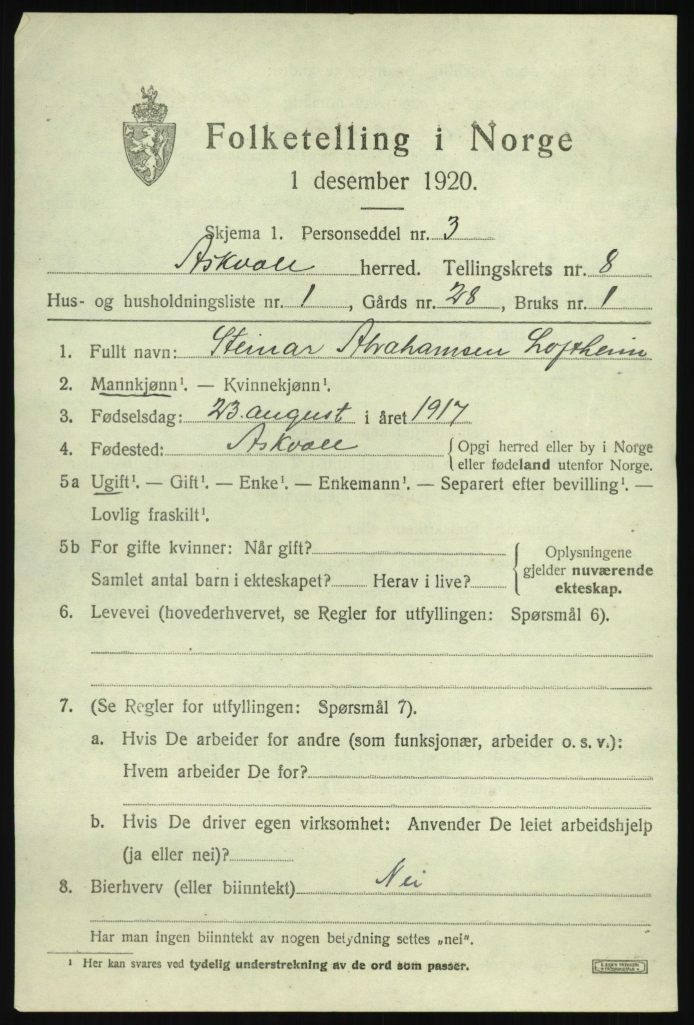 SAB, 1920 census for Askvoll, 1920, p. 3586