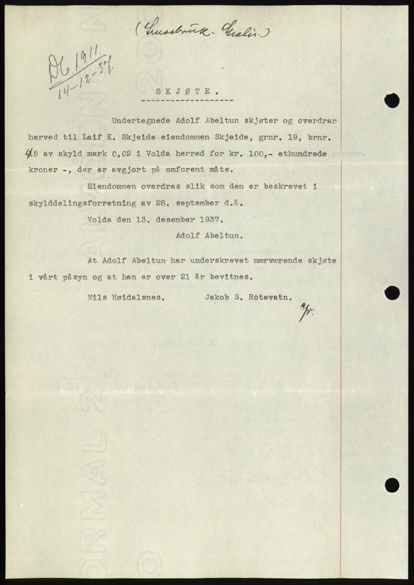 Søre Sunnmøre sorenskriveri, AV/SAT-A-4122/1/2/2C/L0064: Mortgage book no. 58, 1937-1938, Diary no: : 1911/1937