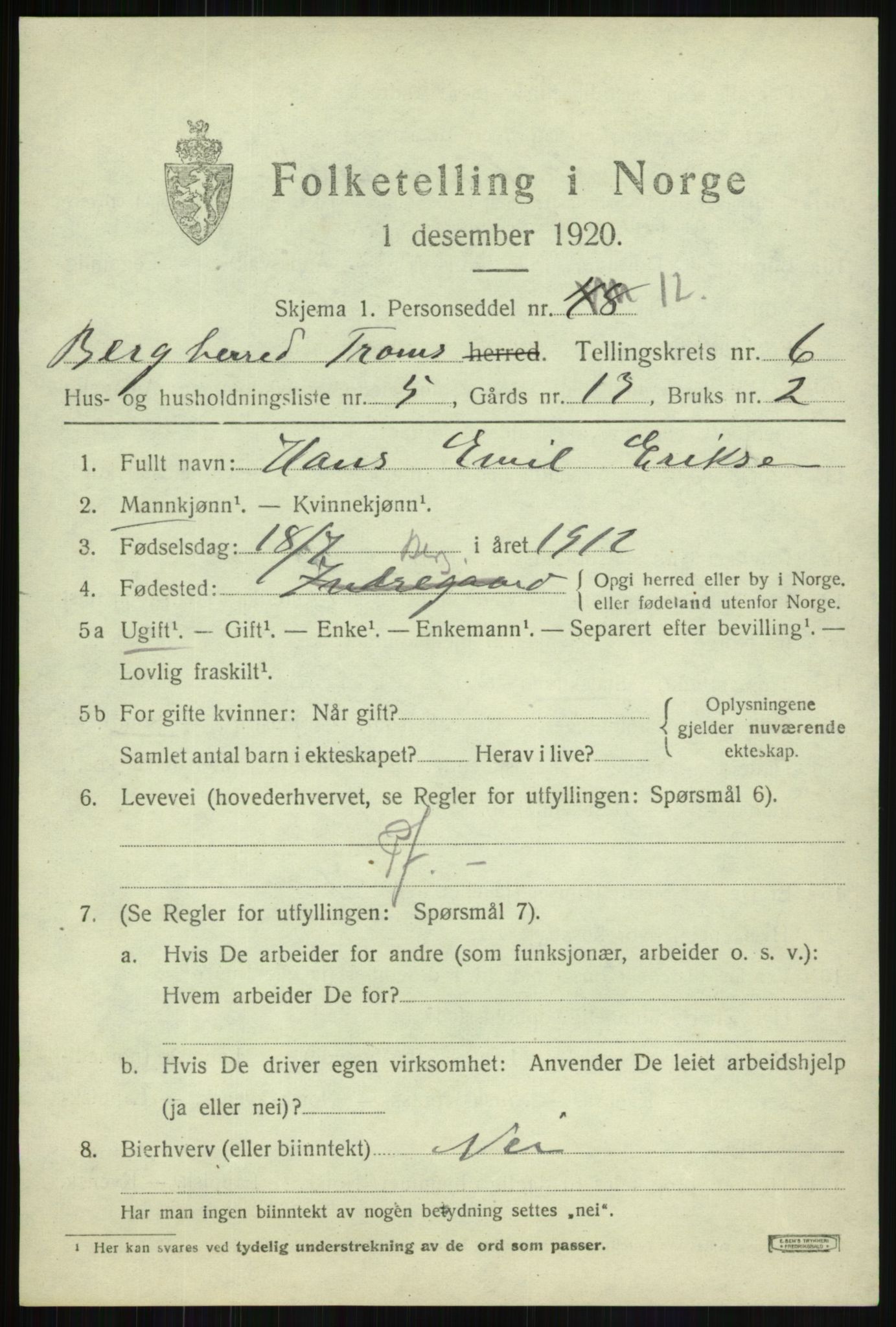 SATØ, 1920 census for Berg, 1920, p. 2147