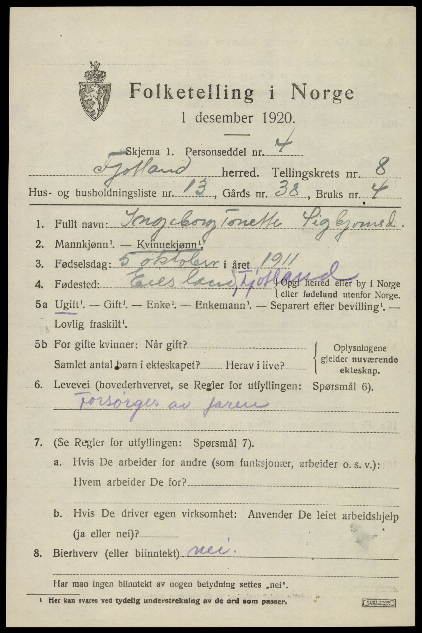SAK, 1920 census for Fjotland, 1920, p. 2128