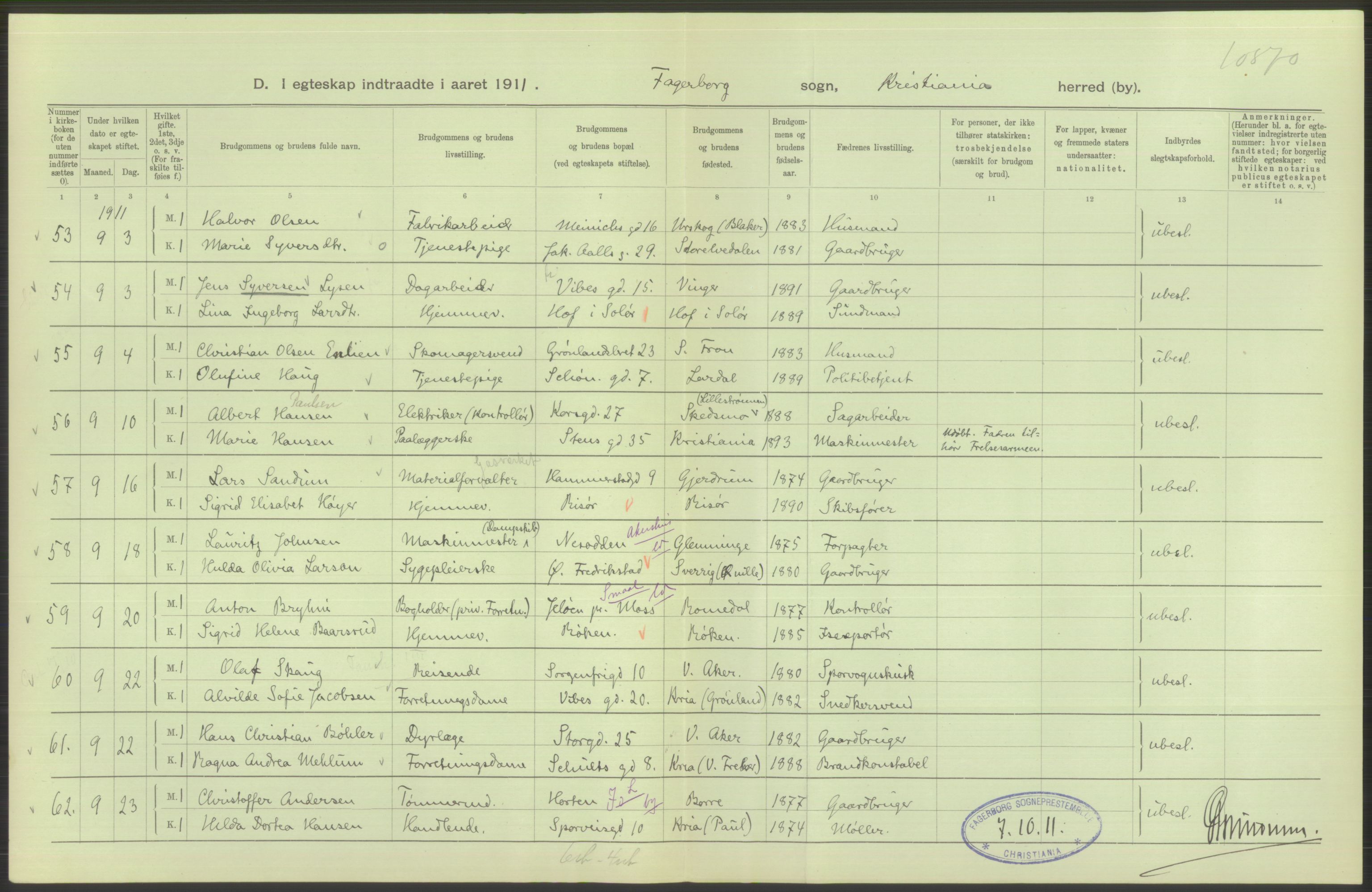 Statistisk sentralbyrå, Sosiodemografiske emner, Befolkning, AV/RA-S-2228/D/Df/Dfb/Dfba/L0008: Kristiania: Gifte, 1911, p. 350