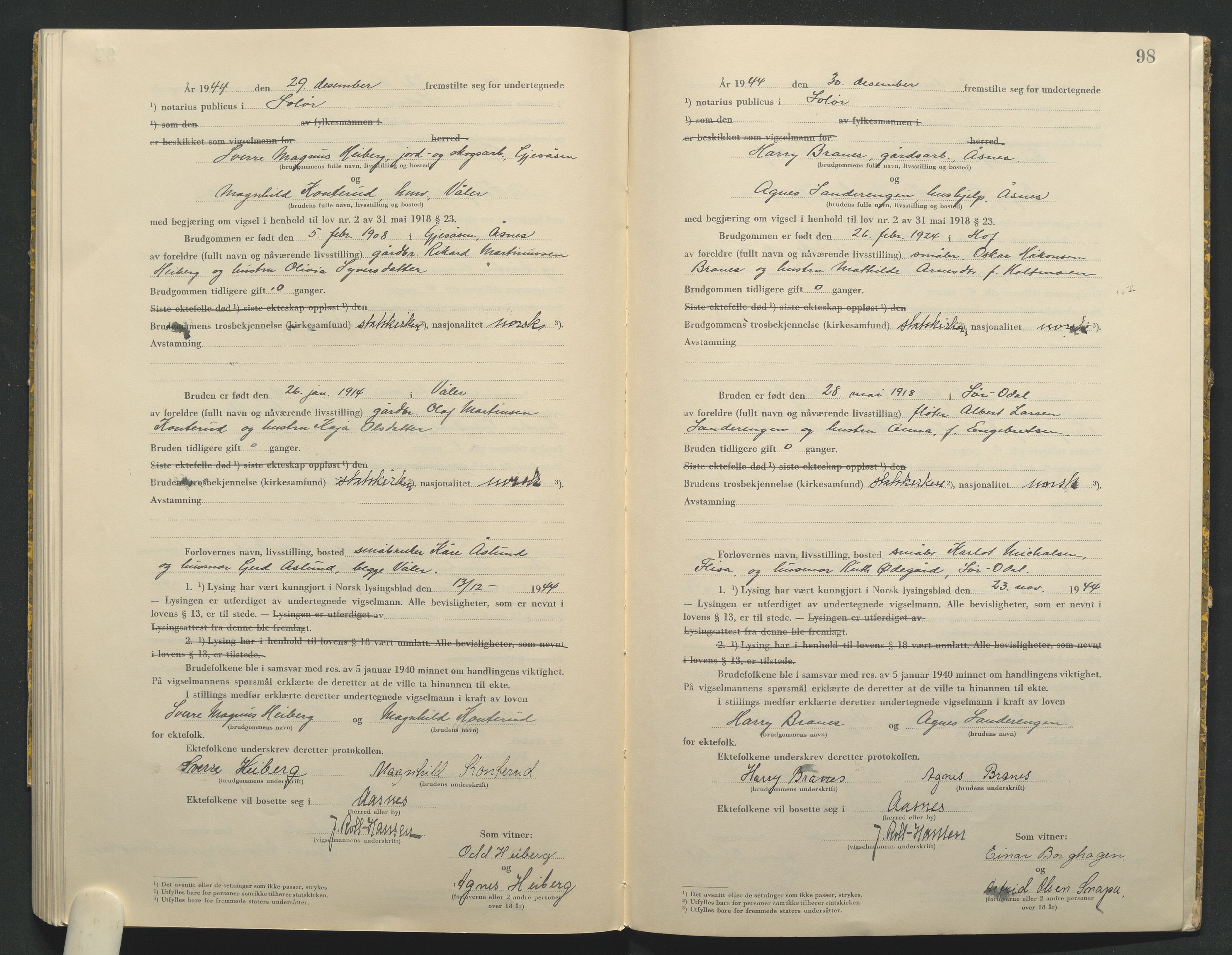 Solør tingrett, AV/SAH-TING-008/L/Lb/L0002: Vigselprotokoll, 1943-1944, p. 98