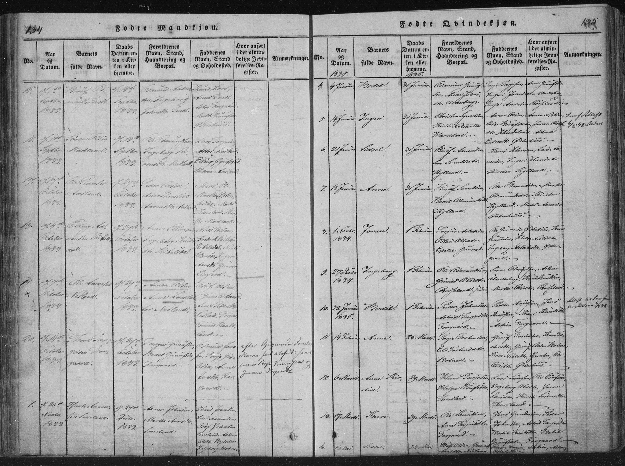 Åseral sokneprestkontor, AV/SAK-1111-0051/F/Fa/L0001: Parish register (official) no. A 1, 1815-1853, p. 134-135