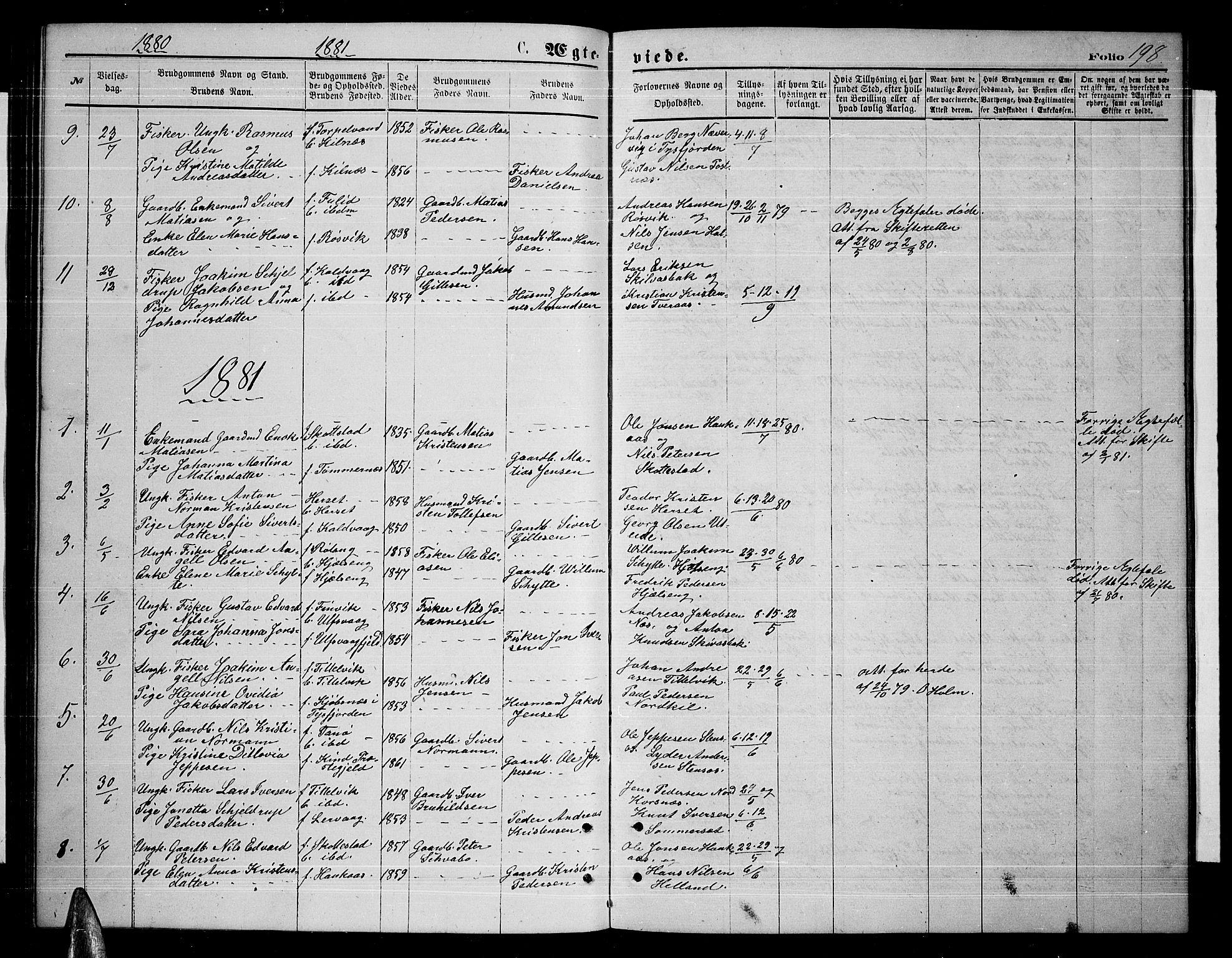 Ministerialprotokoller, klokkerbøker og fødselsregistre - Nordland, AV/SAT-A-1459/859/L0858: Parish register (copy) no. 859C04, 1873-1886, p. 198