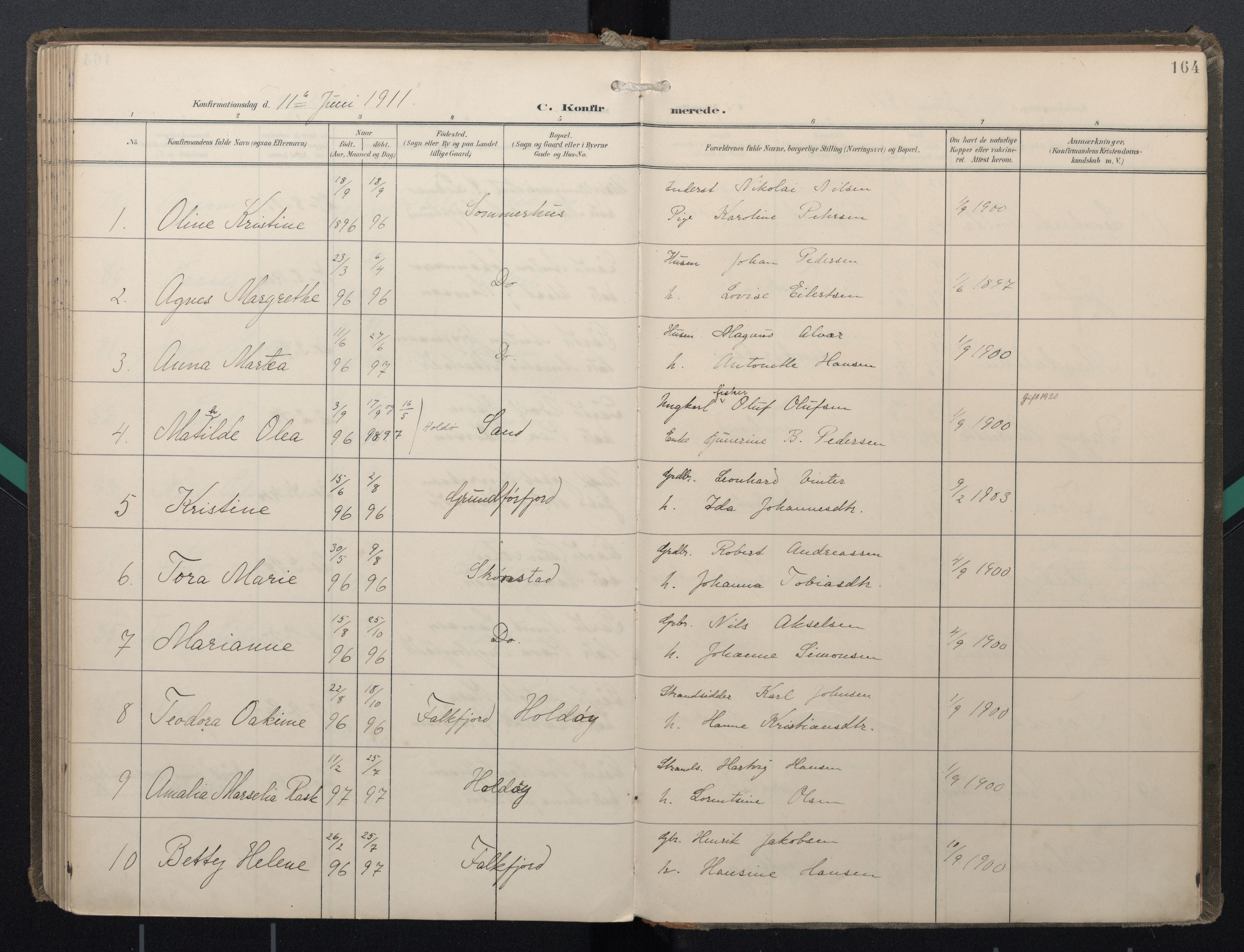 Ministerialprotokoller, klokkerbøker og fødselsregistre - Nordland, AV/SAT-A-1459/888/L1247: Parish register (official) no. 888A13, 1900-1911, p. 164