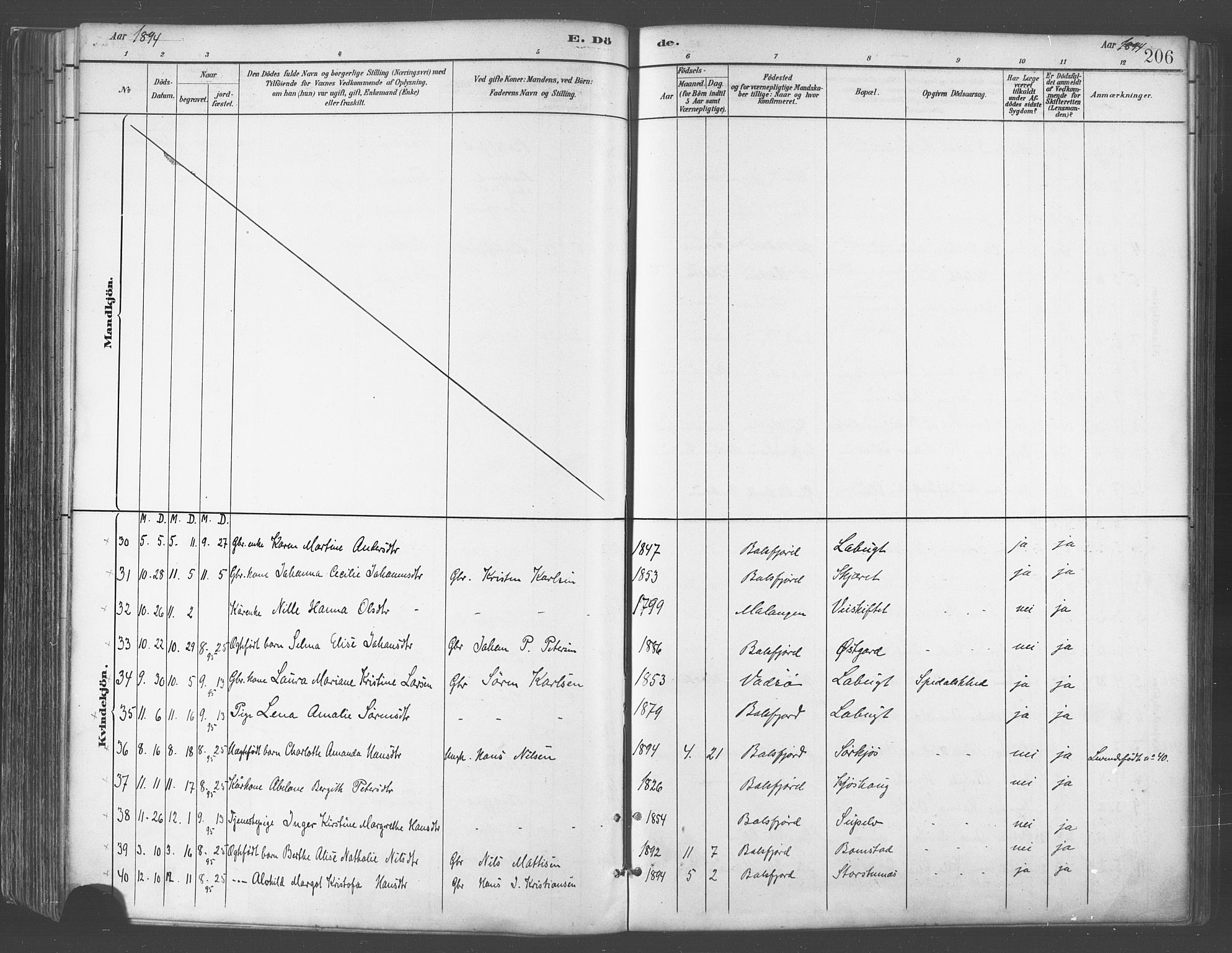 Balsfjord sokneprestembete, AV/SATØ-S-1303/G/Gaa/L0005kirke: Parish register (official) no. 5, 1884-1897, p. 206