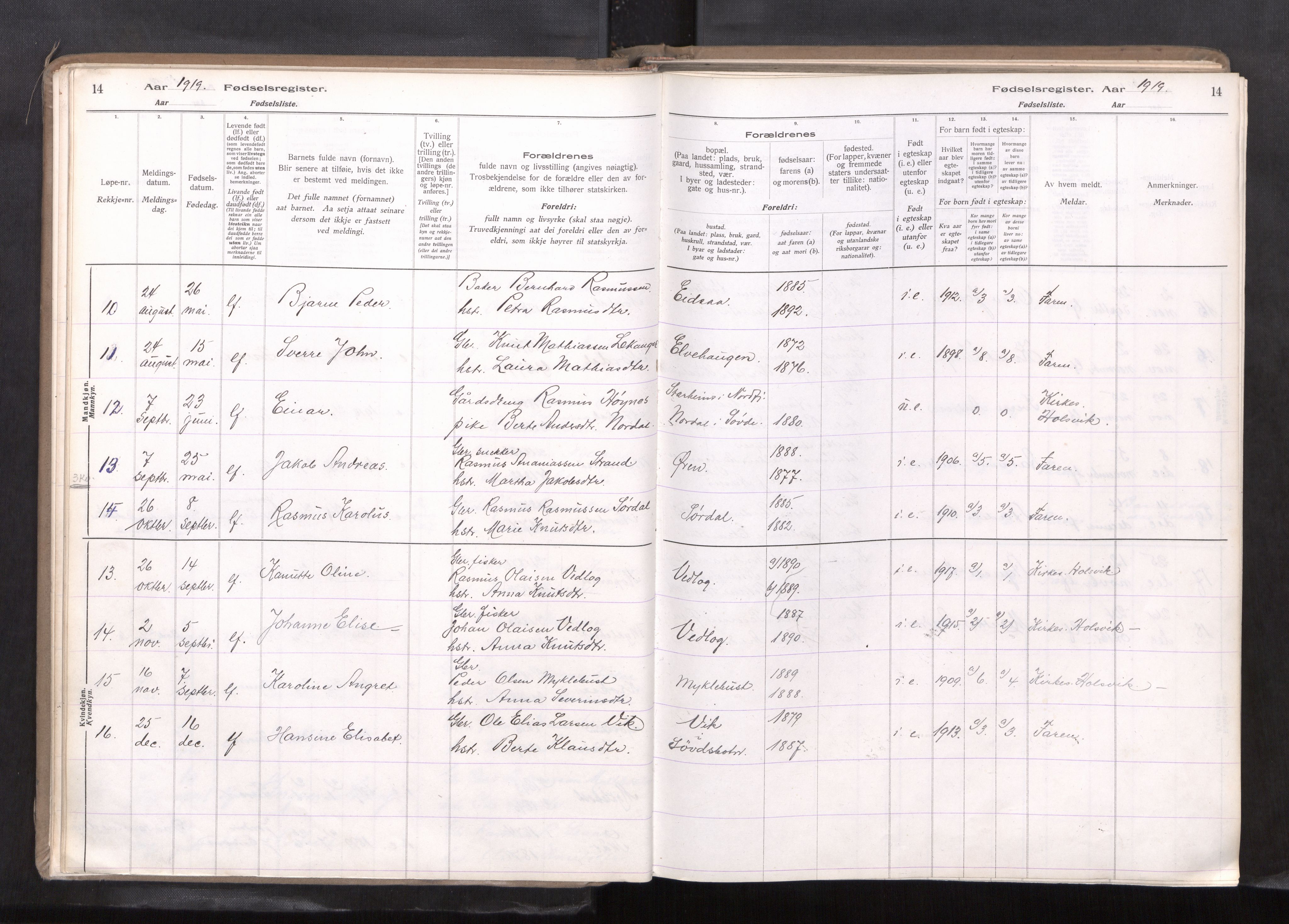 Ministerialprotokoller, klokkerbøker og fødselsregistre - Møre og Romsdal, AV/SAT-A-1454/502/L0031: Birth register no. 502---, 1916-1968, p. 14