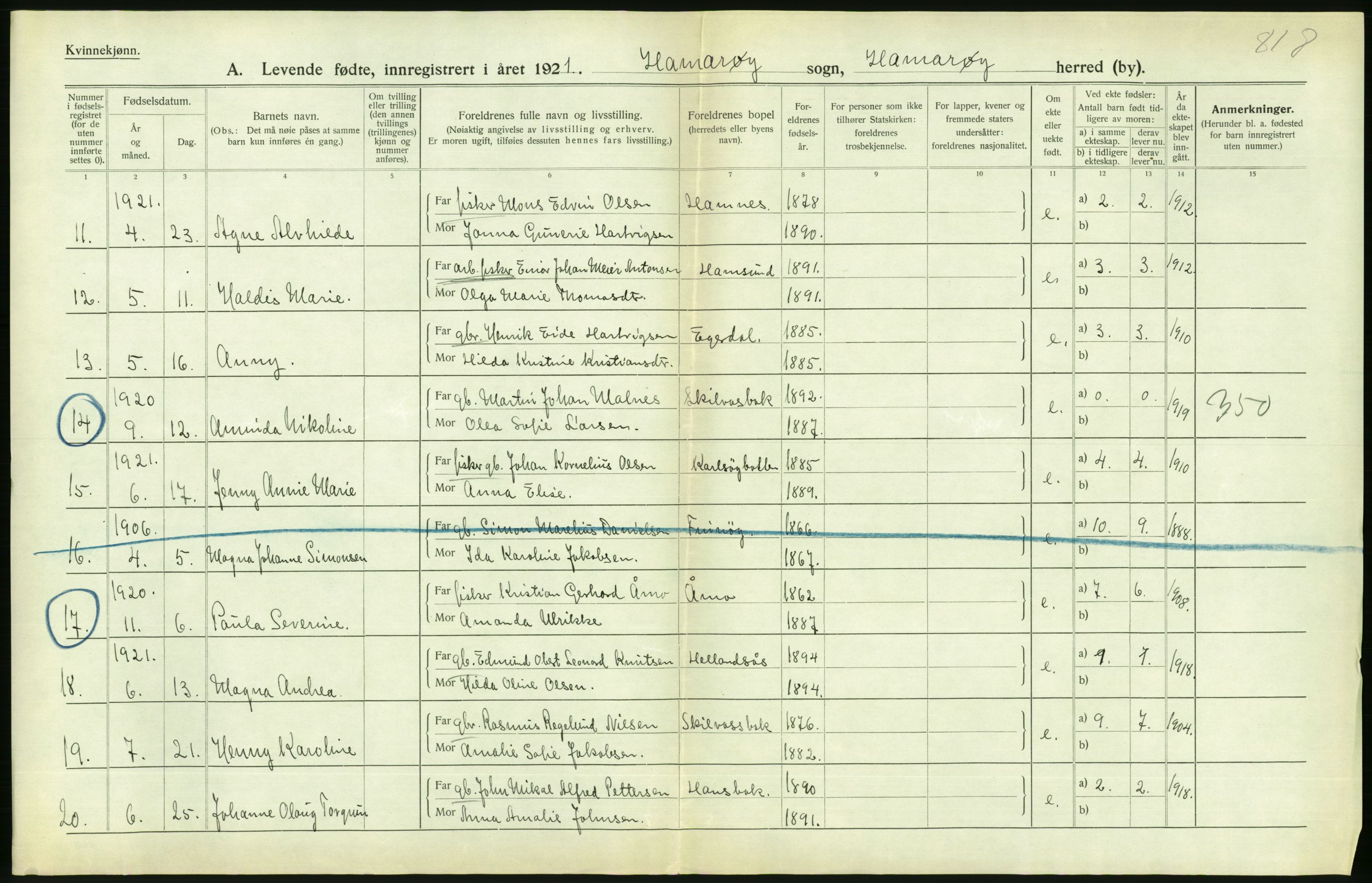 Statistisk sentralbyrå, Sosiodemografiske emner, Befolkning, AV/RA-S-2228/D/Df/Dfc/Dfca/L0049: Nordland fylke: Levendefødte menn og kvinner. Bygder., 1921, p. 252