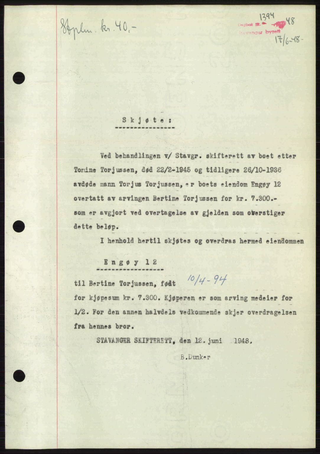 Stavanger byrett, SAST/A-100455/002/G/Gb/L0022: Mortgage book no. A11, 1947-1948, Diary no: : 1394/1948