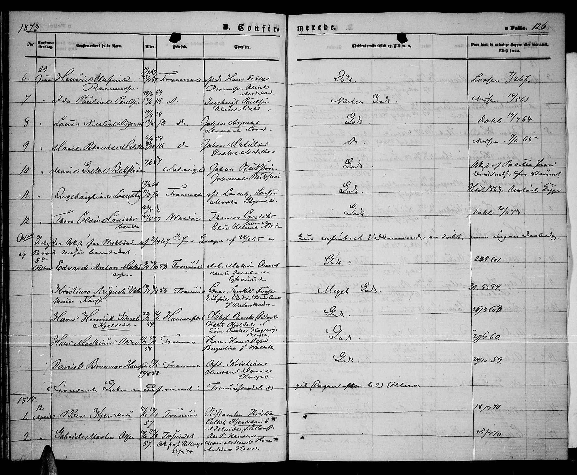 Tromsø sokneprestkontor/stiftsprosti/domprosti, SATØ/S-1343/G/Gb/L0007klokker: Parish register (copy) no. 7, 1867-1875, p. 126