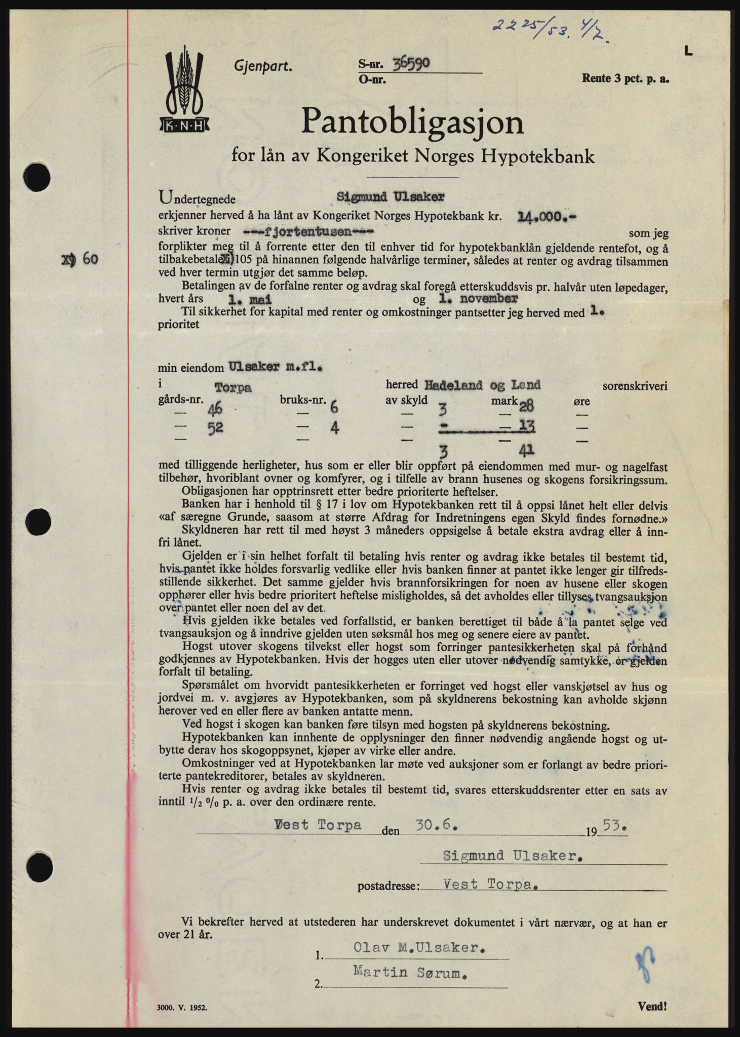 Hadeland og Land tingrett, SAH/TING-010/H/Hb/Hbc/L0027: Mortgage book no. B27, 1953-1953, Diary no: : 2225/1953